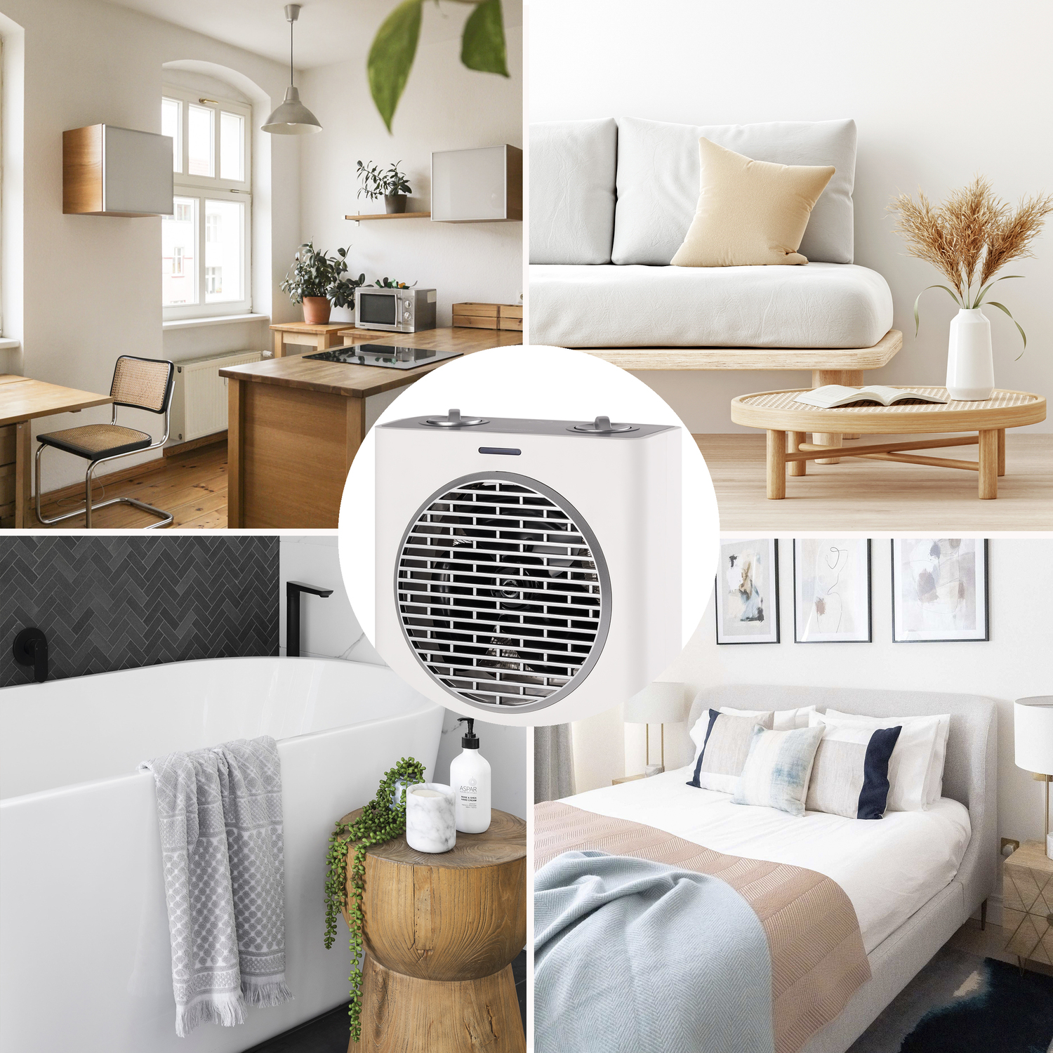 Collage de interiores domésticos. Cocina, sala de estar, baño y dormitorio con un purificador de aire en el centro.
