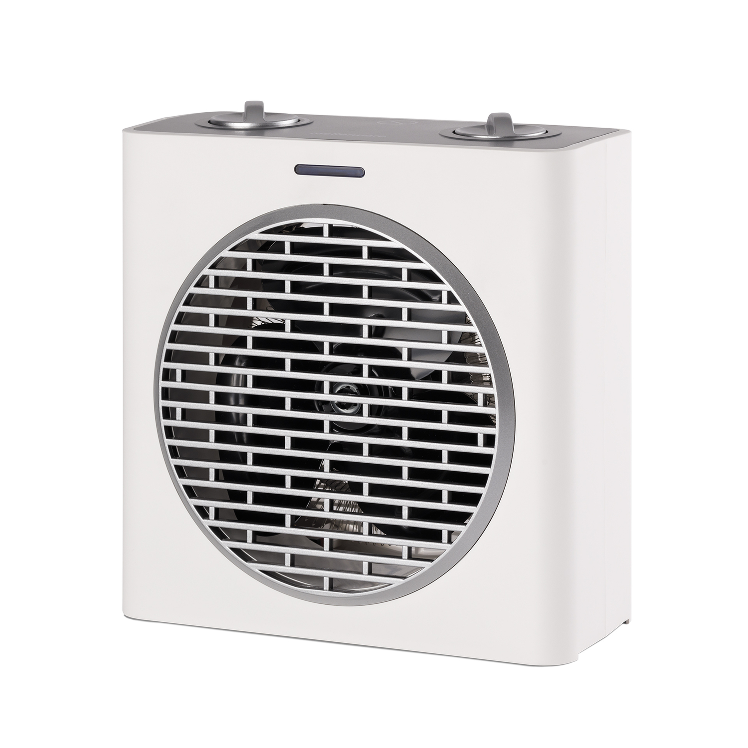 Calentador con ventilador blanco, vista frontal, con rejilla redonda y dos perillas arriba.