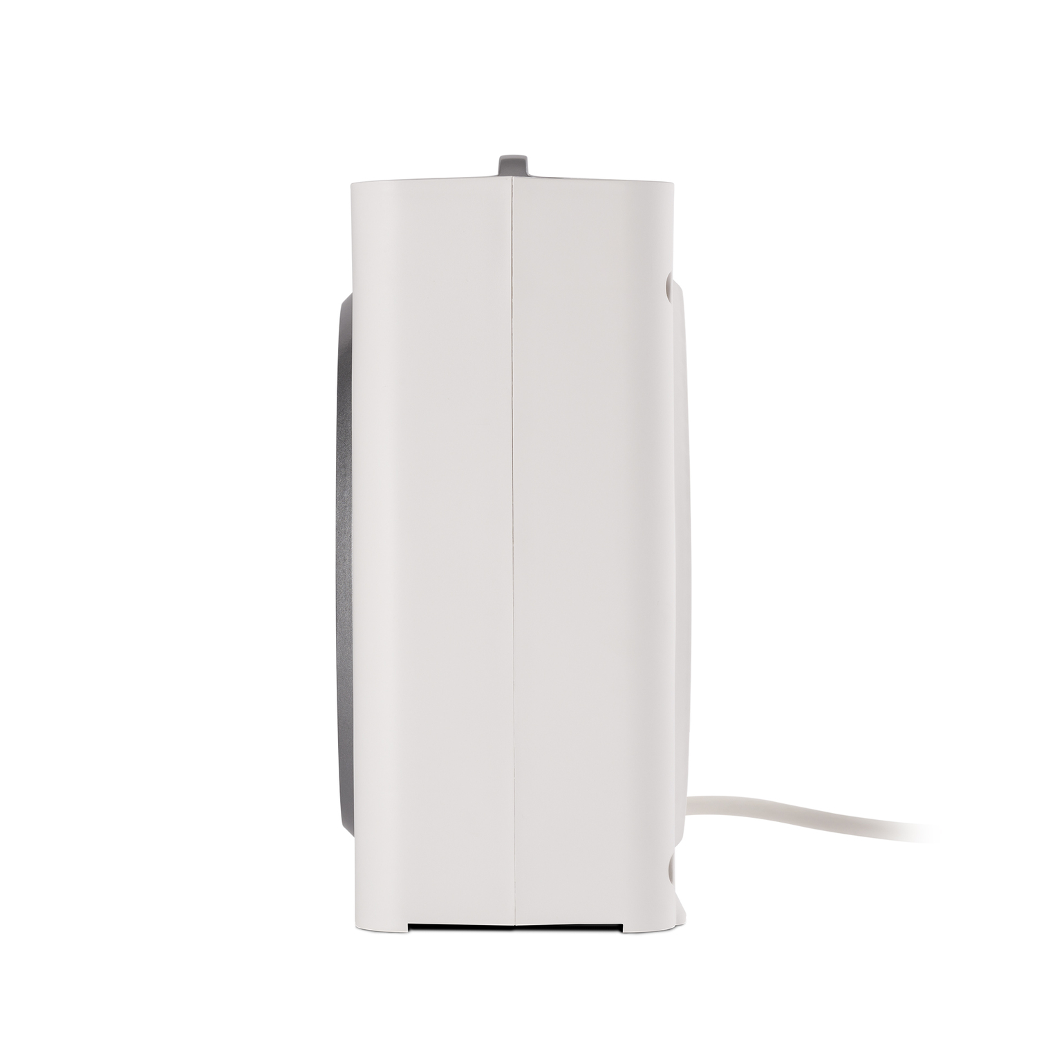 Calentador eléctrico blanco desde la vista lateral, con cable blanco.