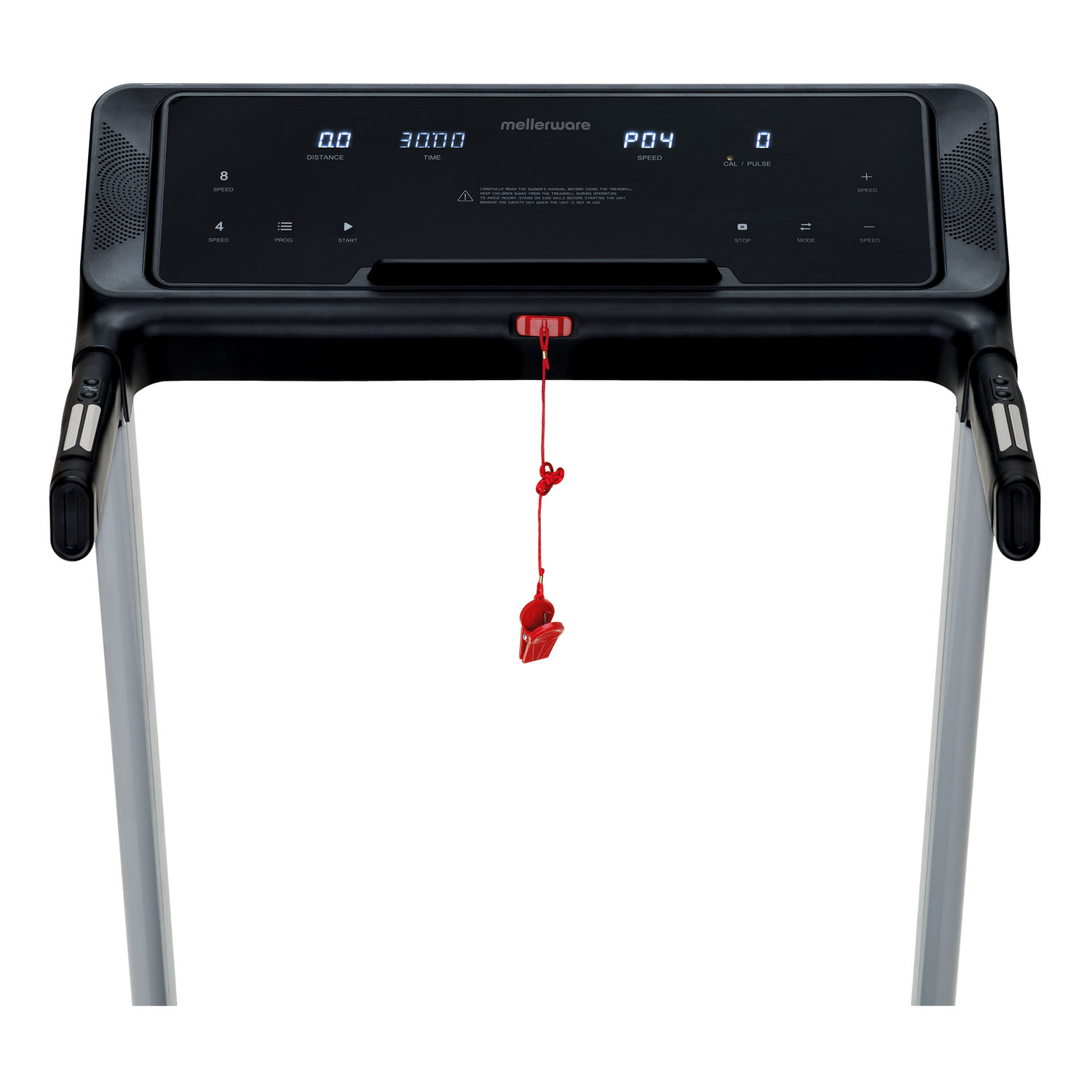 Display del tapis roulant con numeri e pulsanti. Chiave di sicurezza rossa appesa.