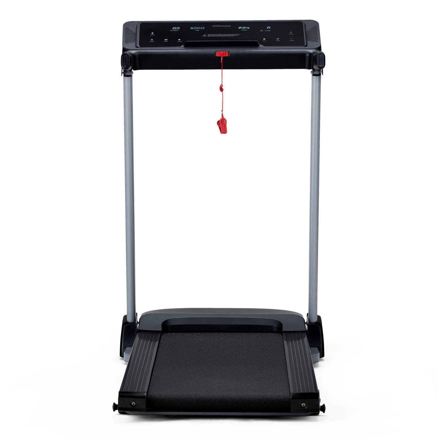 Tapis roulant con arresto di emergenza rosso. Il tapis roulant ha un display e maniglie di supporto grigie.