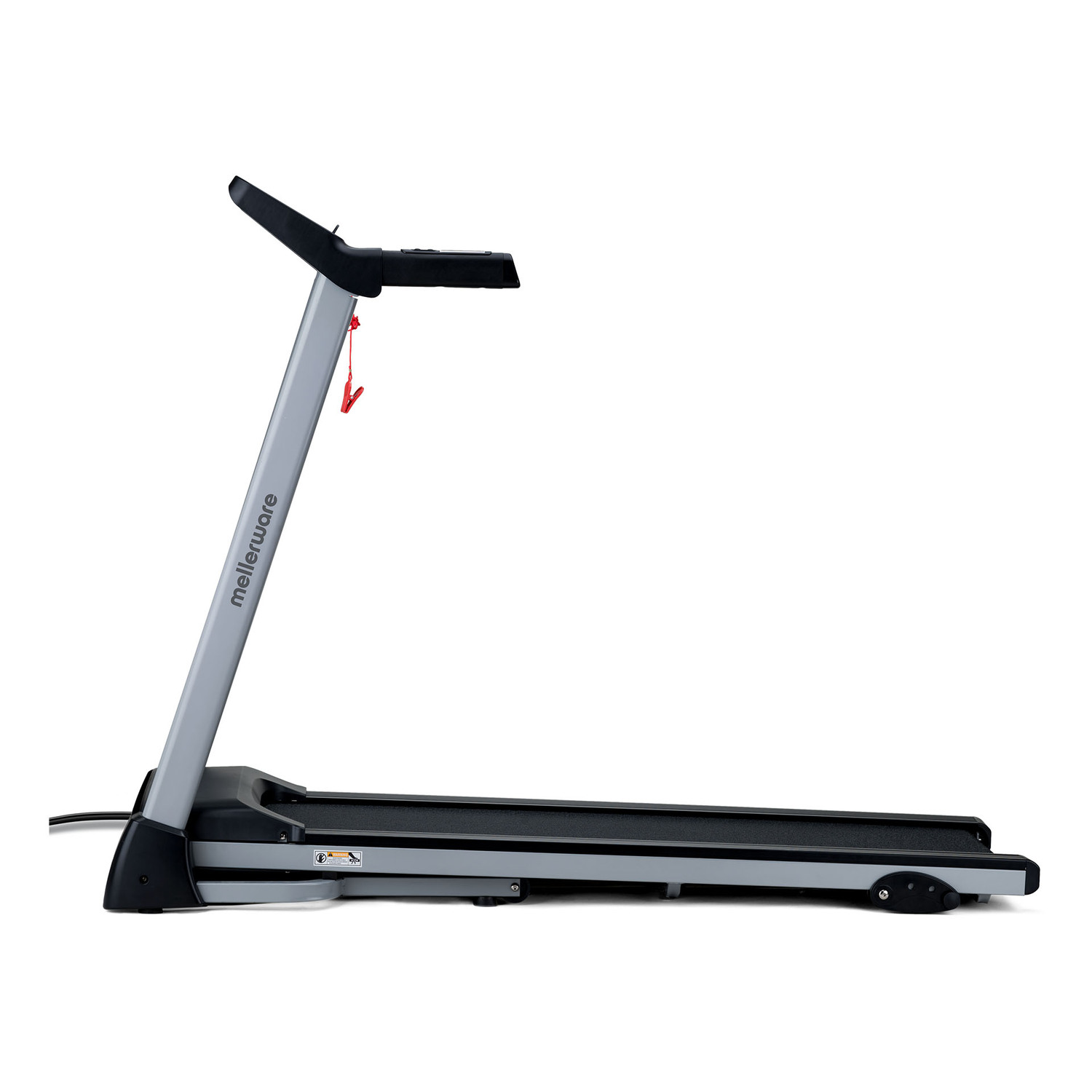 Un tapis roulant grigio con un nastro da corsa nero su sfondo bianco.