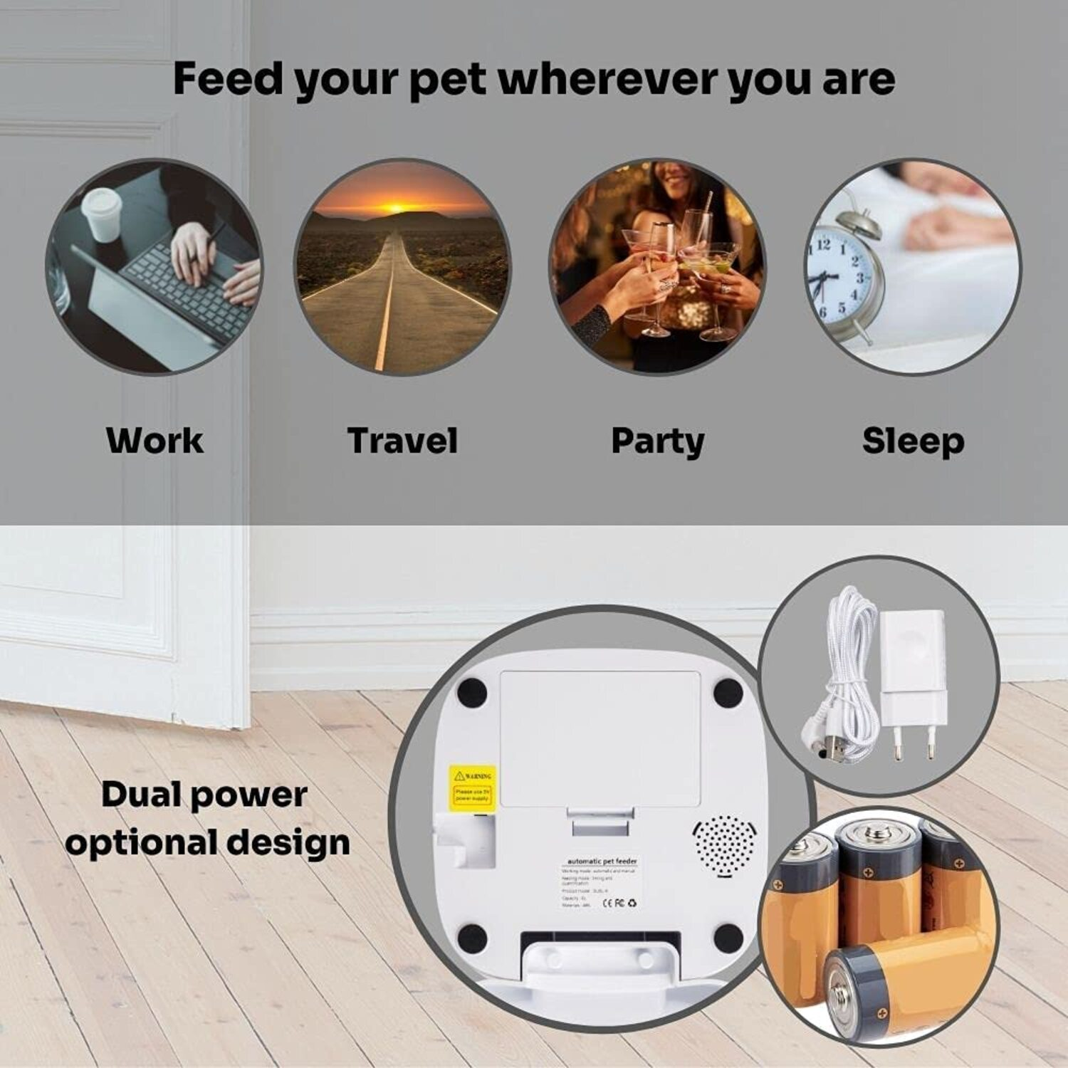 Dispensador de comida para mascotas con imágenes de trabajo, viajes, fiestas, dormir.