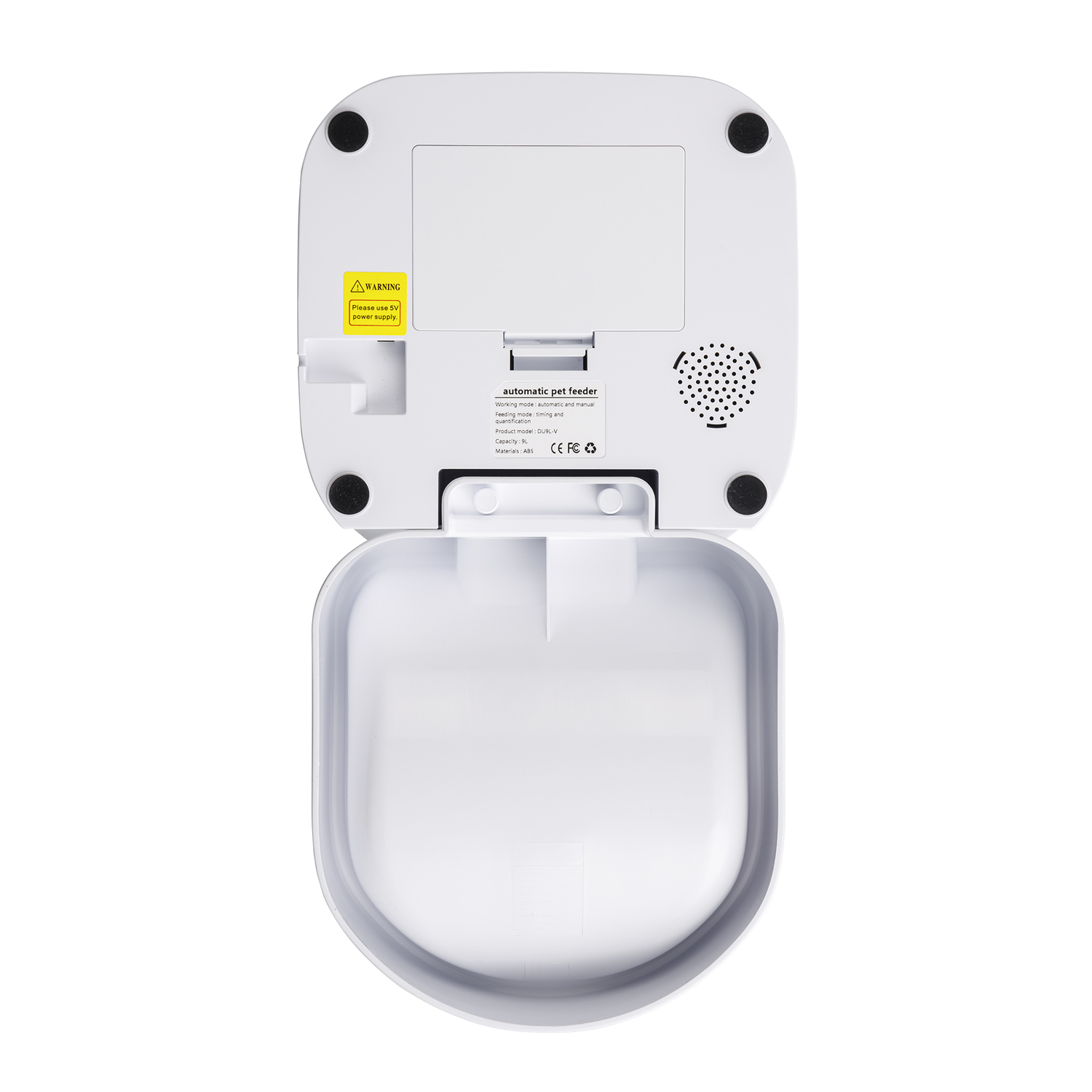 La parte inferior de un comedero automático para mascotas blanco. Tiene un área para el cuenco y una etiqueta.