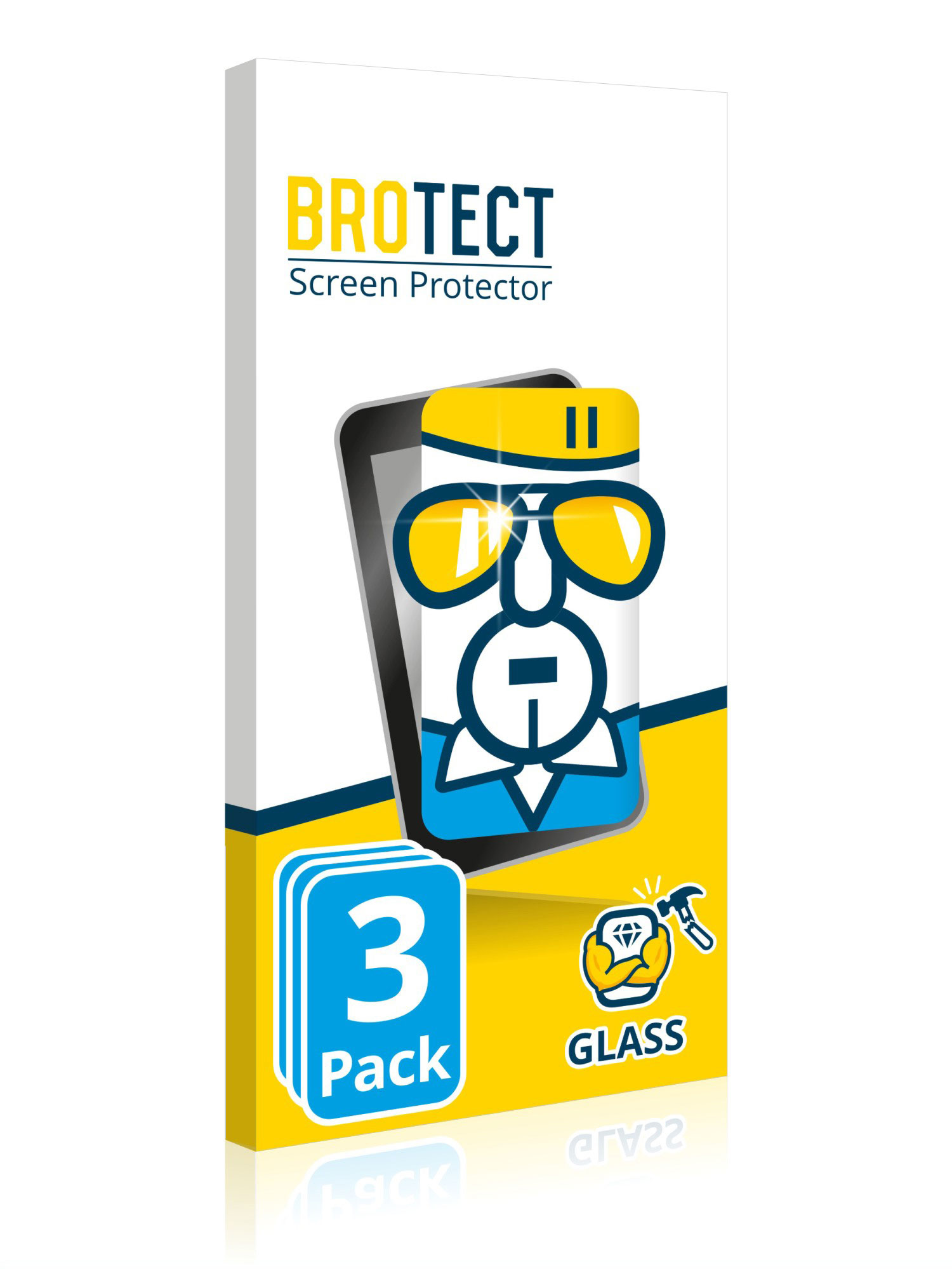 Eine Handyschutzfolienbox. Sie zeigt eine Zeichentrickfigur mit Brille und ein blaues 3er-Pack-Etikett.