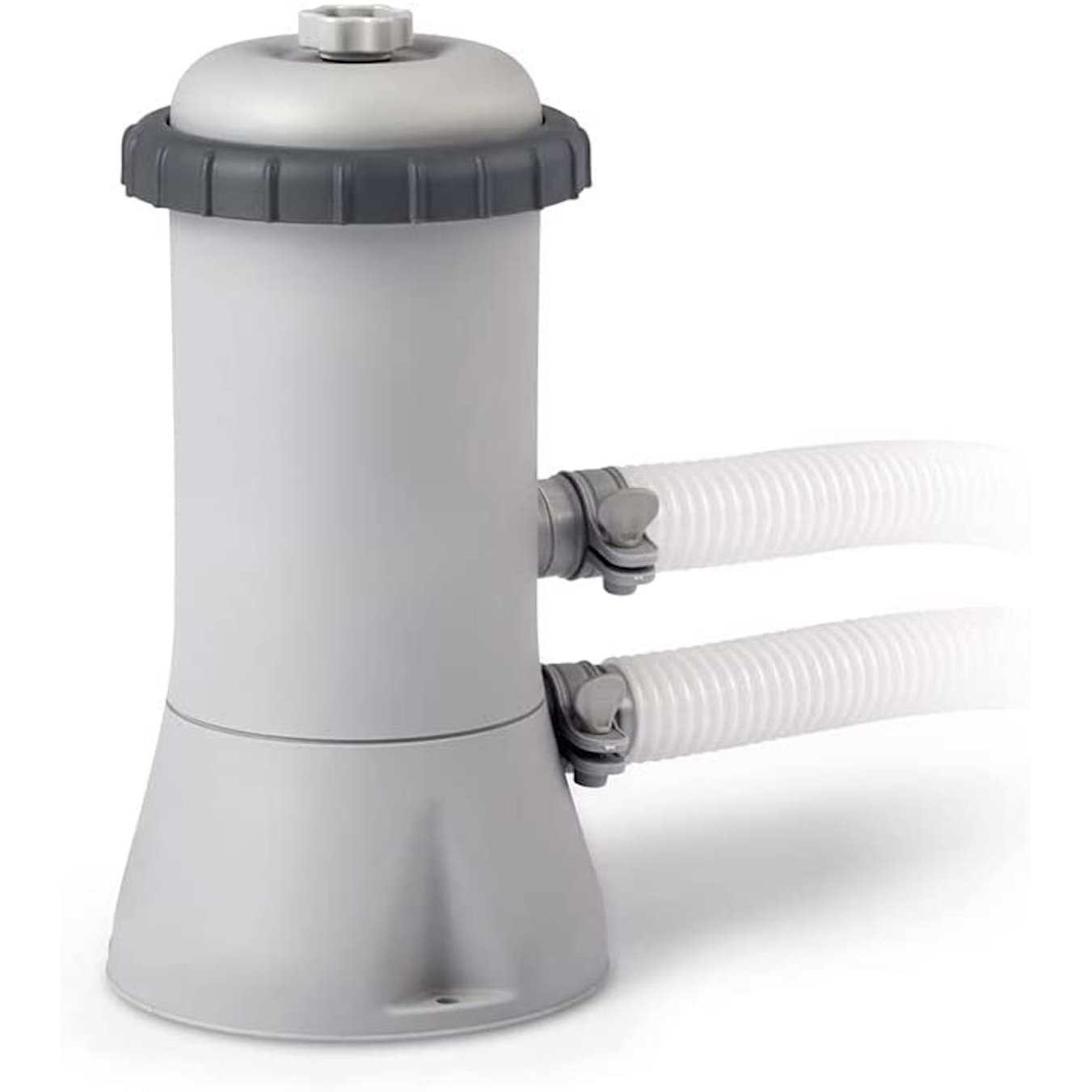 Ein weißer und grauer Poolfilter mit zwei weißen Schläuchen.