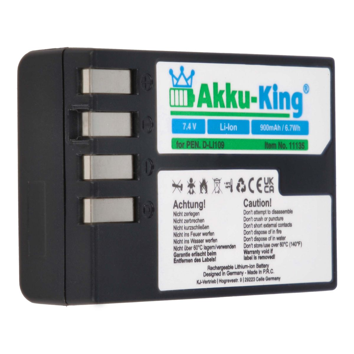 AKKU-KING Akku kompatibel mit Volt, 900mAh Li-Ion Pentax 7.4 D-Li109 Kamera-Akku
