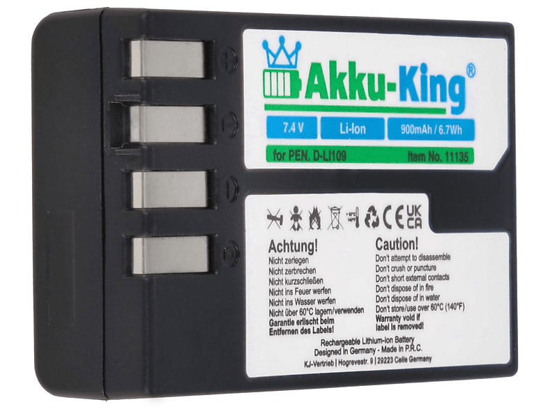 AKKU-KING Akku kompatibel 7.4 Kamera-Akku, Volt, Pentax mit D-Li109 900mAh Li-Ion