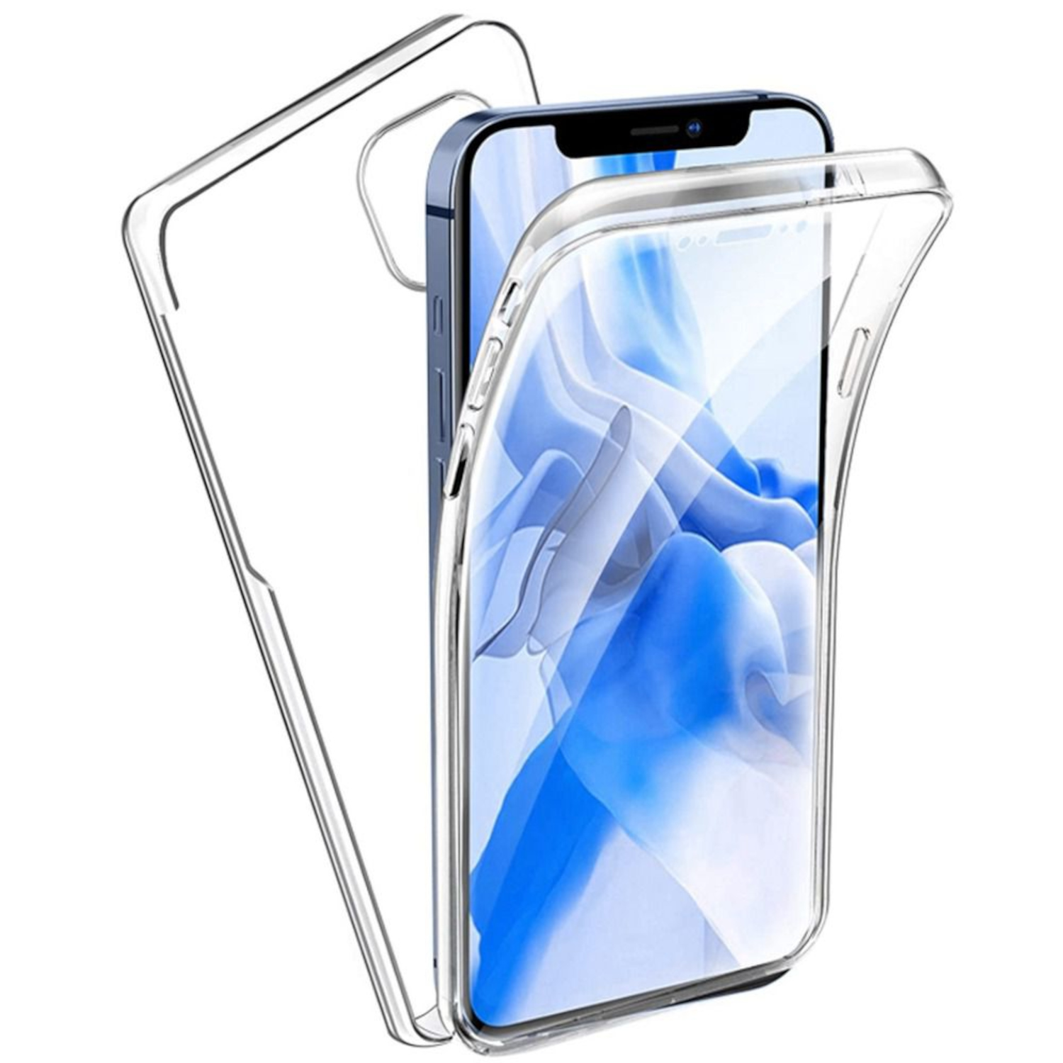 Eine transparente Schutzhülle für ein Telefon ist geöffnet, mit einem Telefon darin.