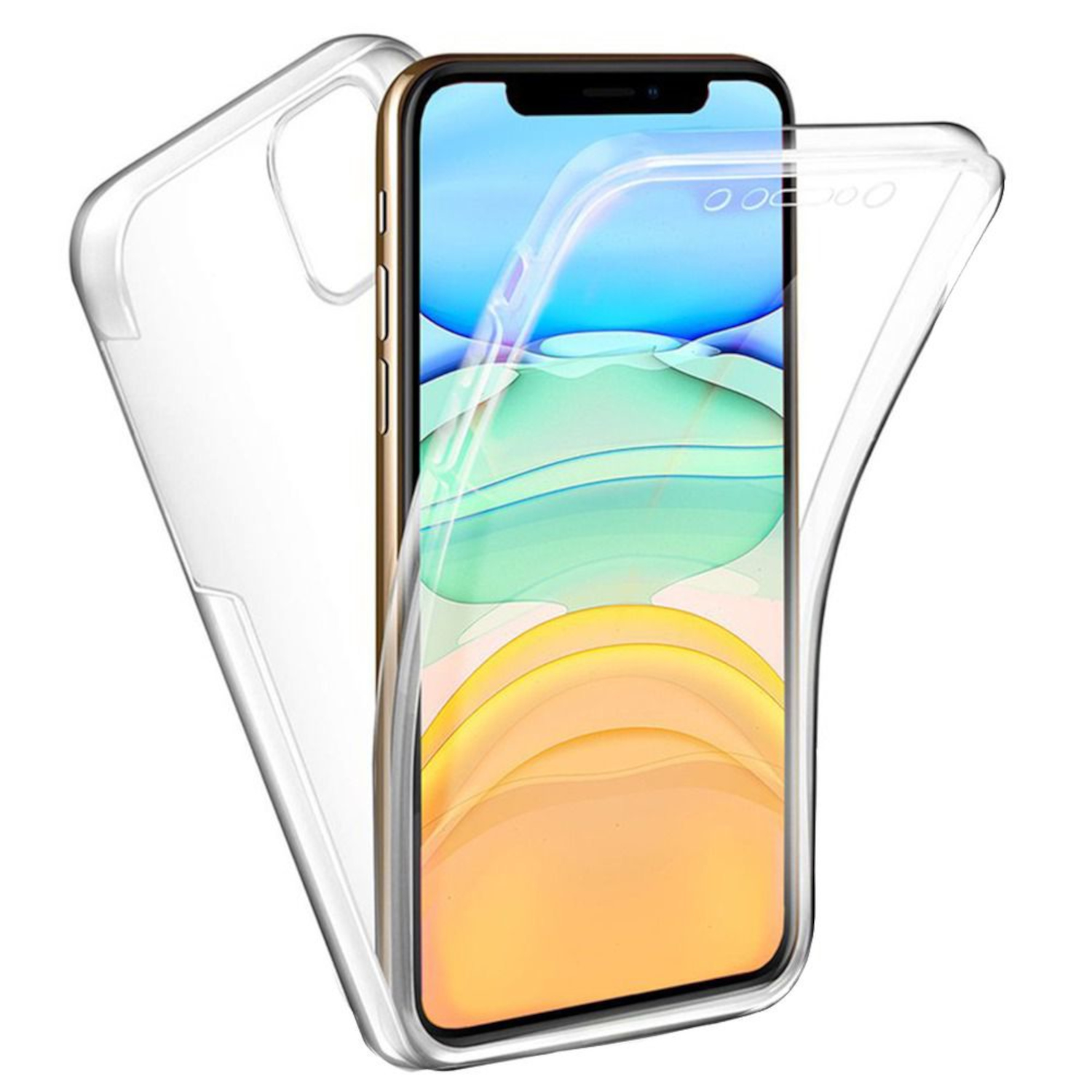 Eine durchsichtige Handyhülle ist geöffnet und zeigt das Handy im Inneren. Das Handy hat einen bunten Bildschirm.