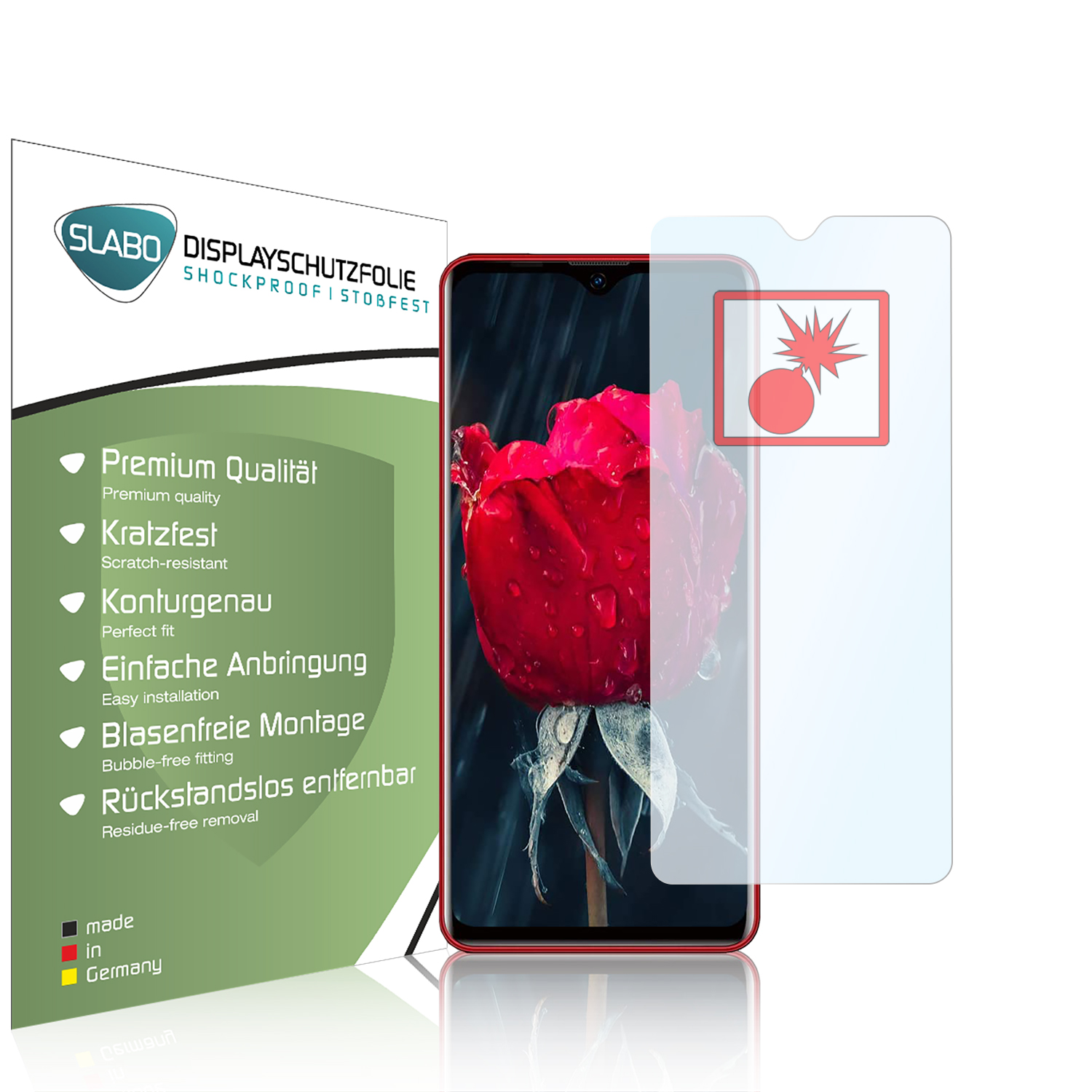 Ein Telefon mit Displayschutz, eine rote Rose und Textetiketten links.