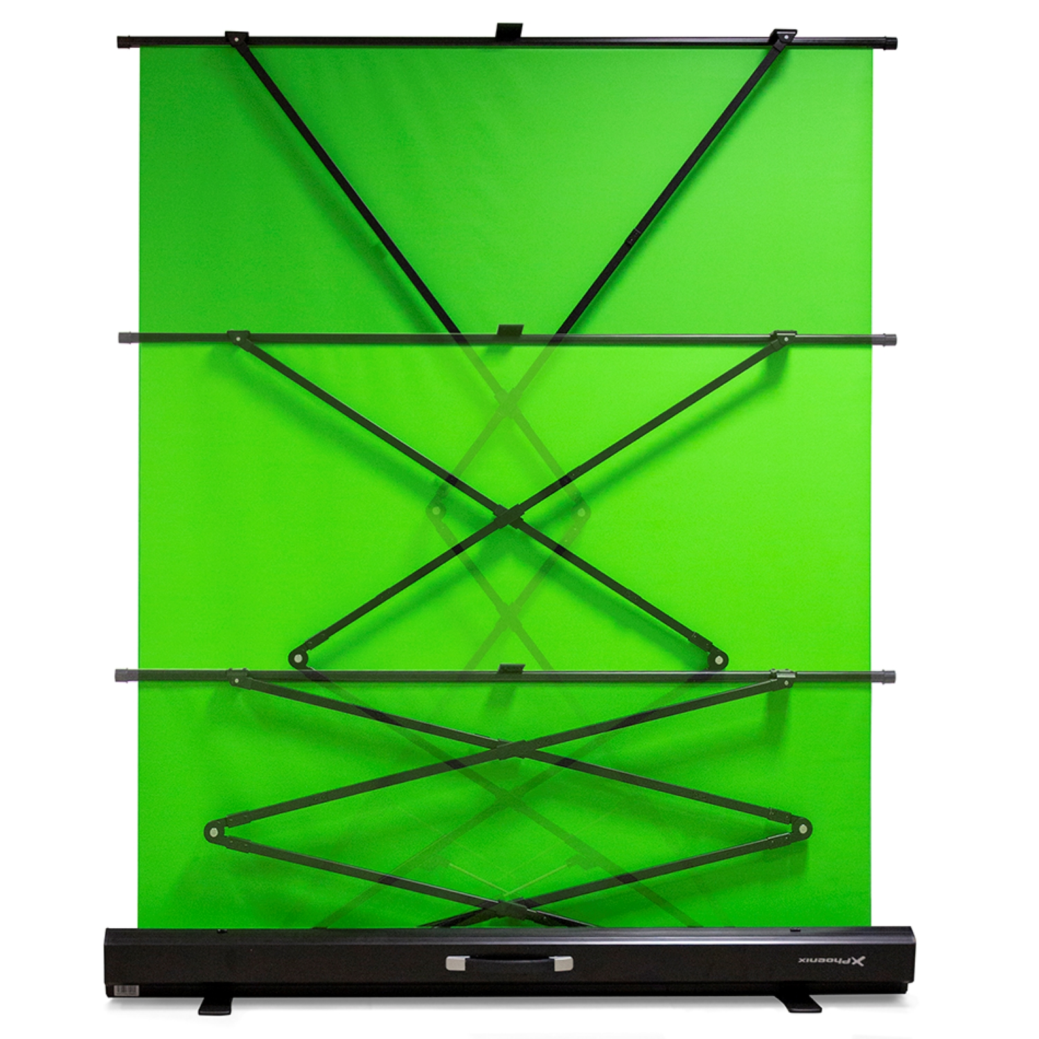 Fondo de pantalla verde con marco. Base negra y estructura de soporte.