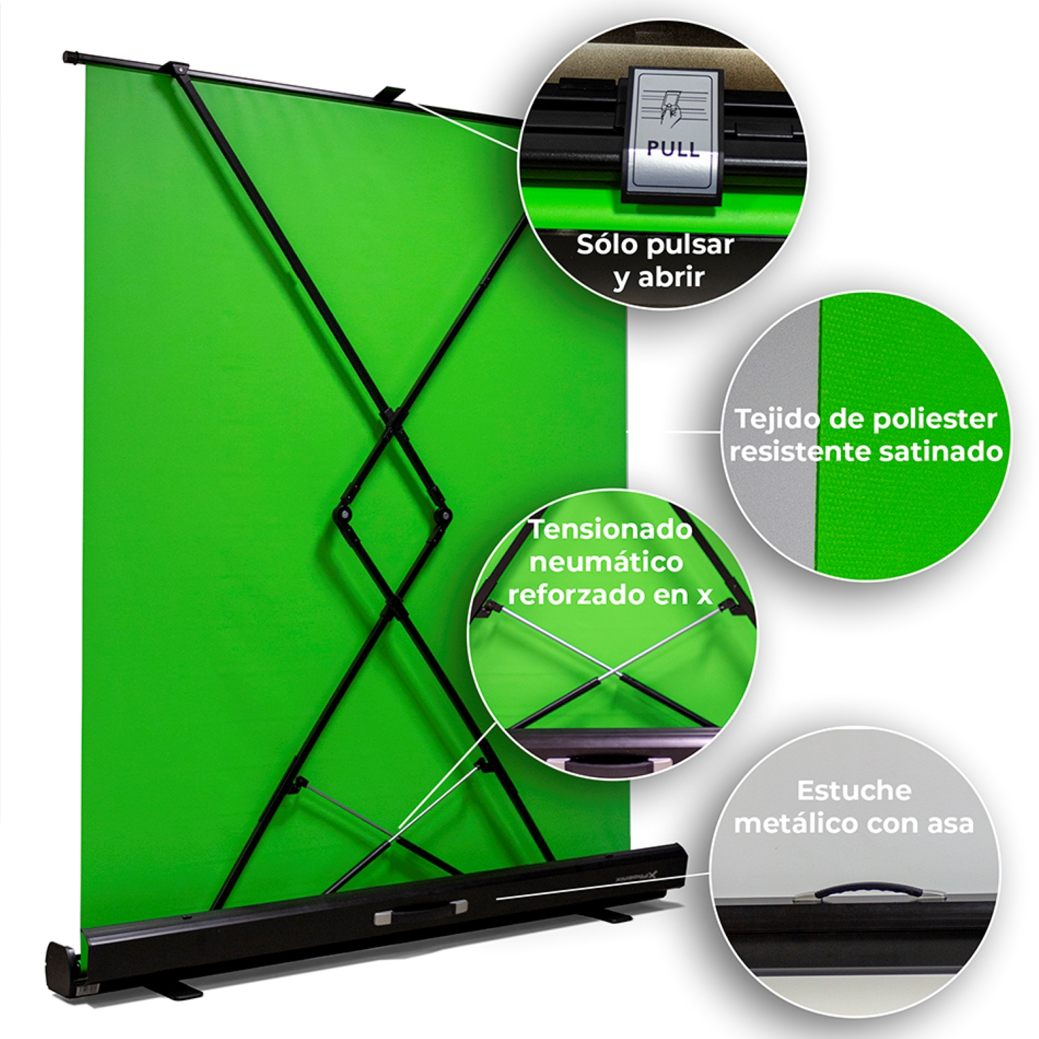 Pantalla verde para producción de video, con detalles sobre la construcción y características.