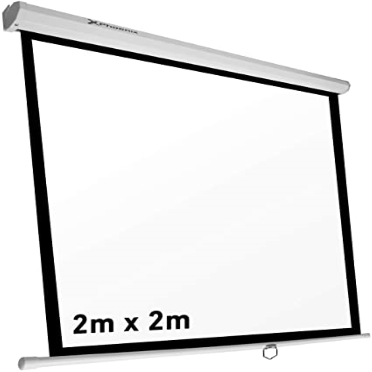Pantalla de proyección blanca con bordes negros y carcasa negra, con texto "2m x 2m".