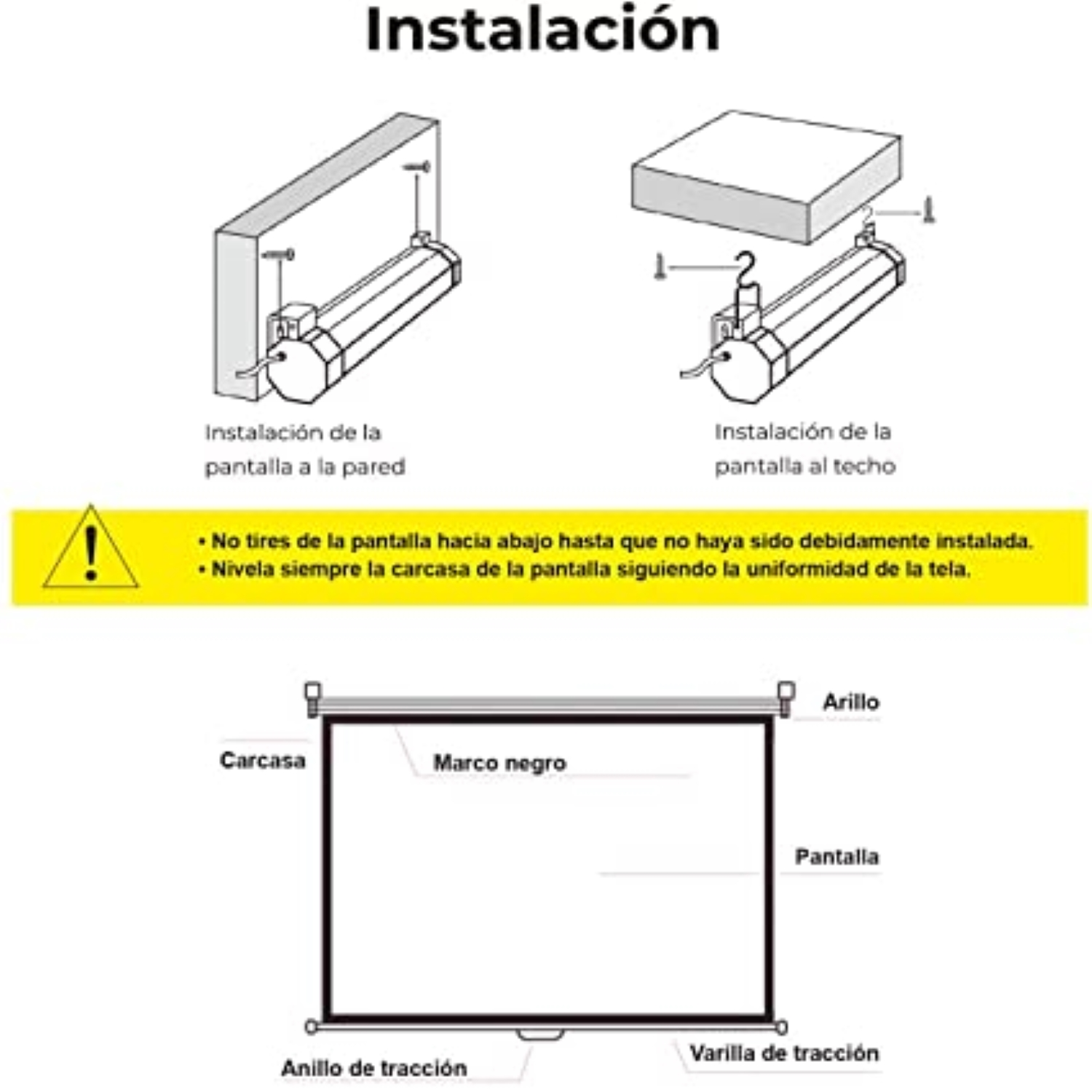 Diagrama con instrucciones para instalar una pantalla de proyector, con opción de pared y techo.