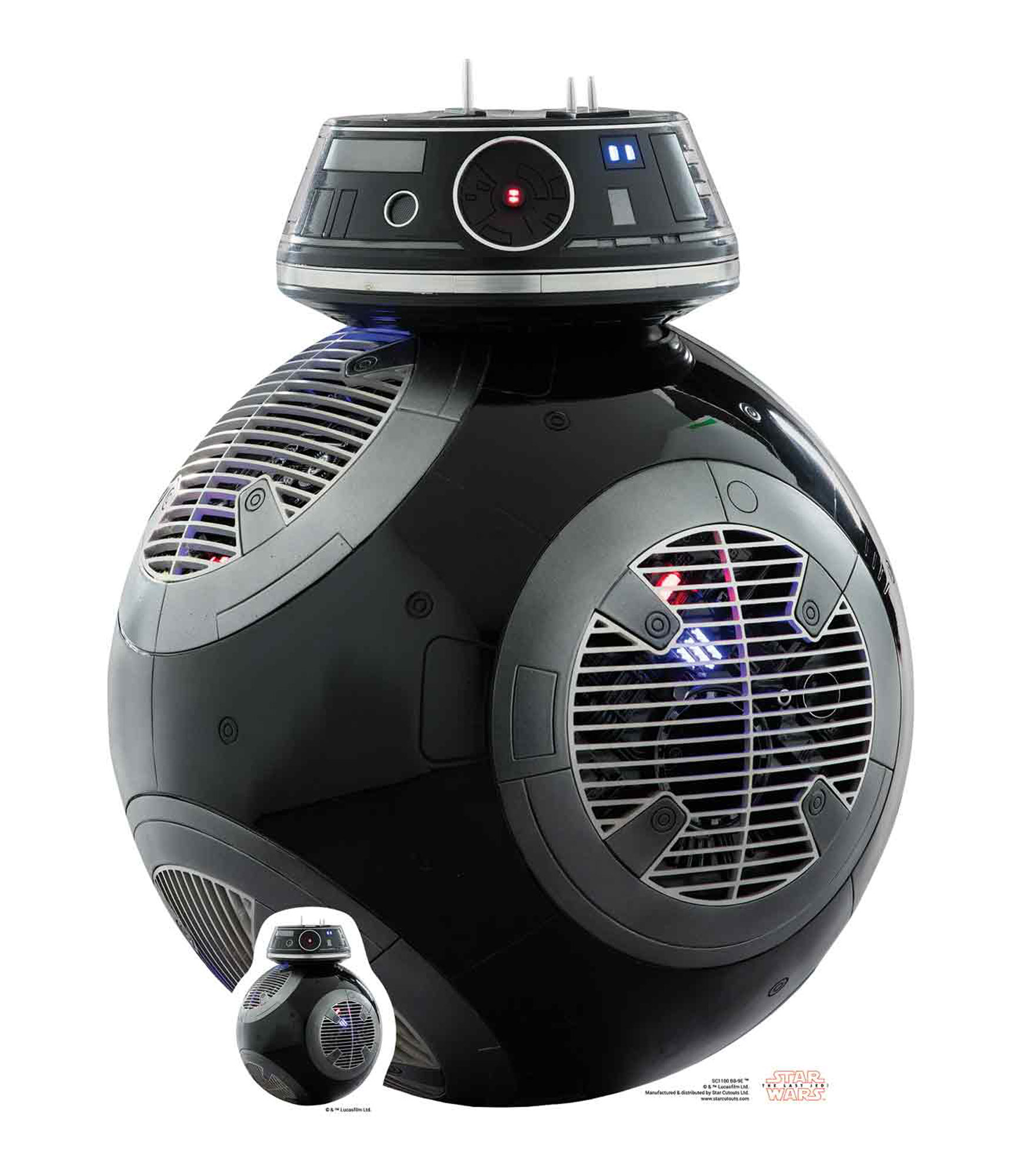 Schwarzes BB-8 Star Wars Spielzeug. Ein kleiner BB-8 ist ebenfalls abgebildet.