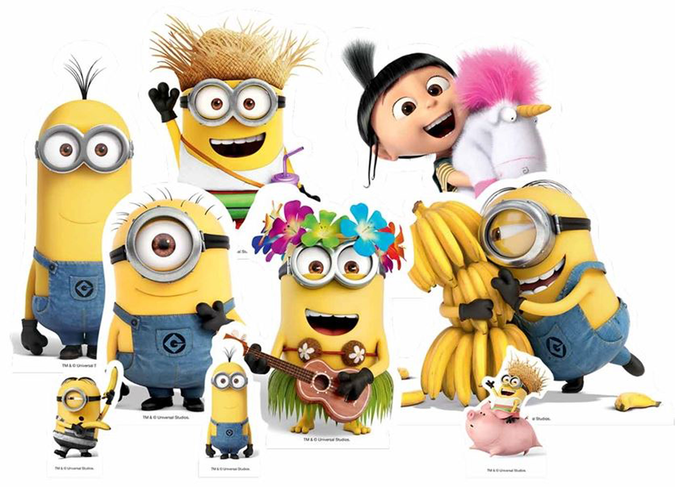 Eine Gruppe von Minions-Charakteren in verschiedenen Formen, die jeweils stehen und lächeln.
