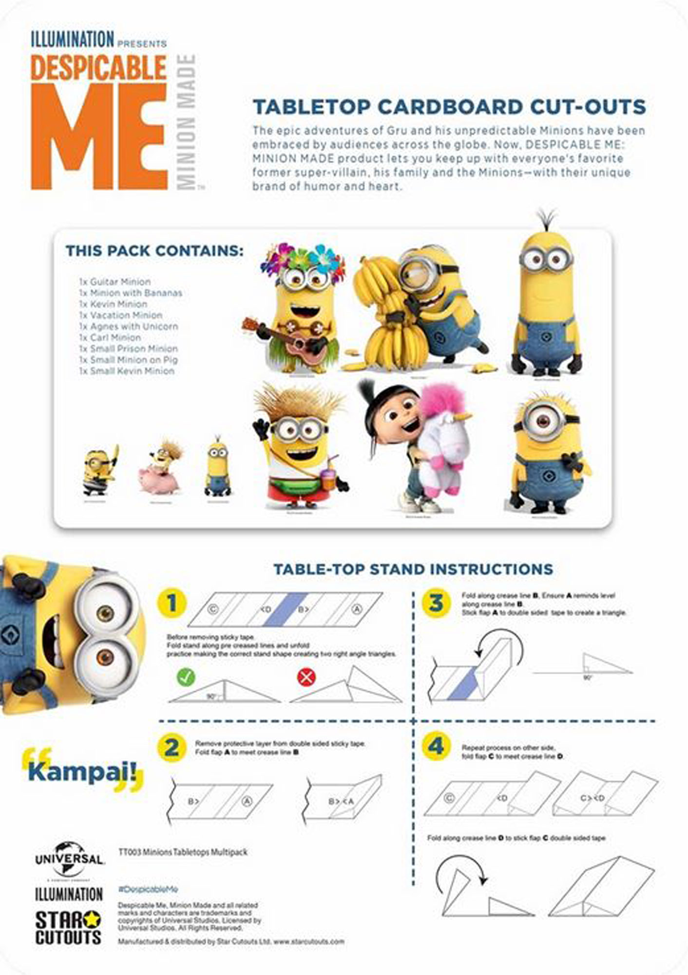 Eine Karte mit Ausschnitten von Minions, Anweisungen und Branding.