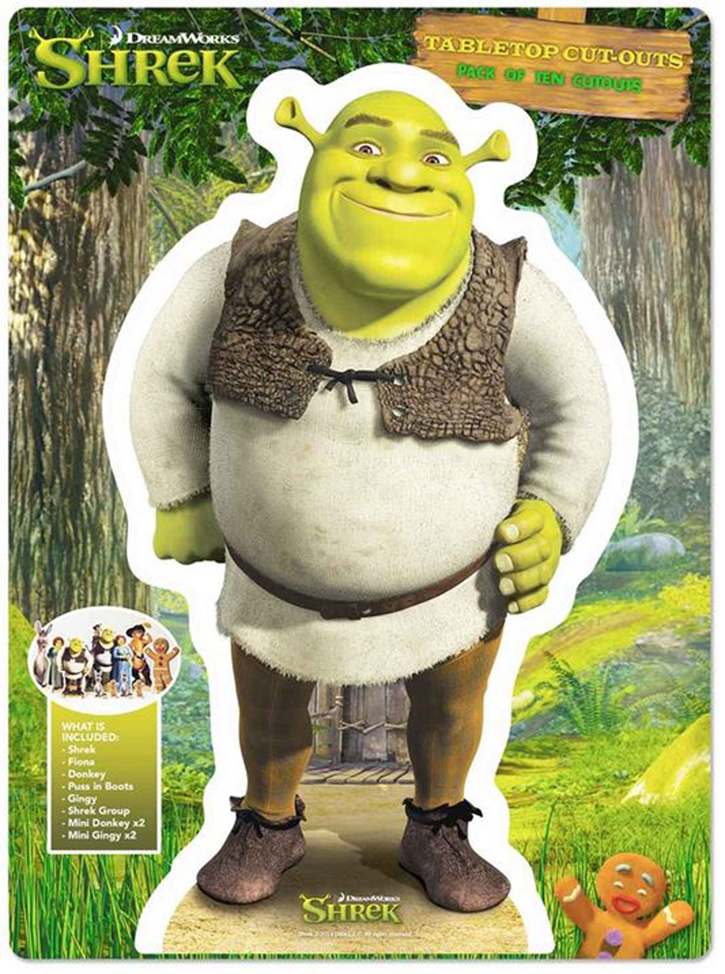 Shrek-Ausschnitt mit grünem Körper, im Wald stehend. Ein Mini-Lebkuchenmann ist vorhanden.