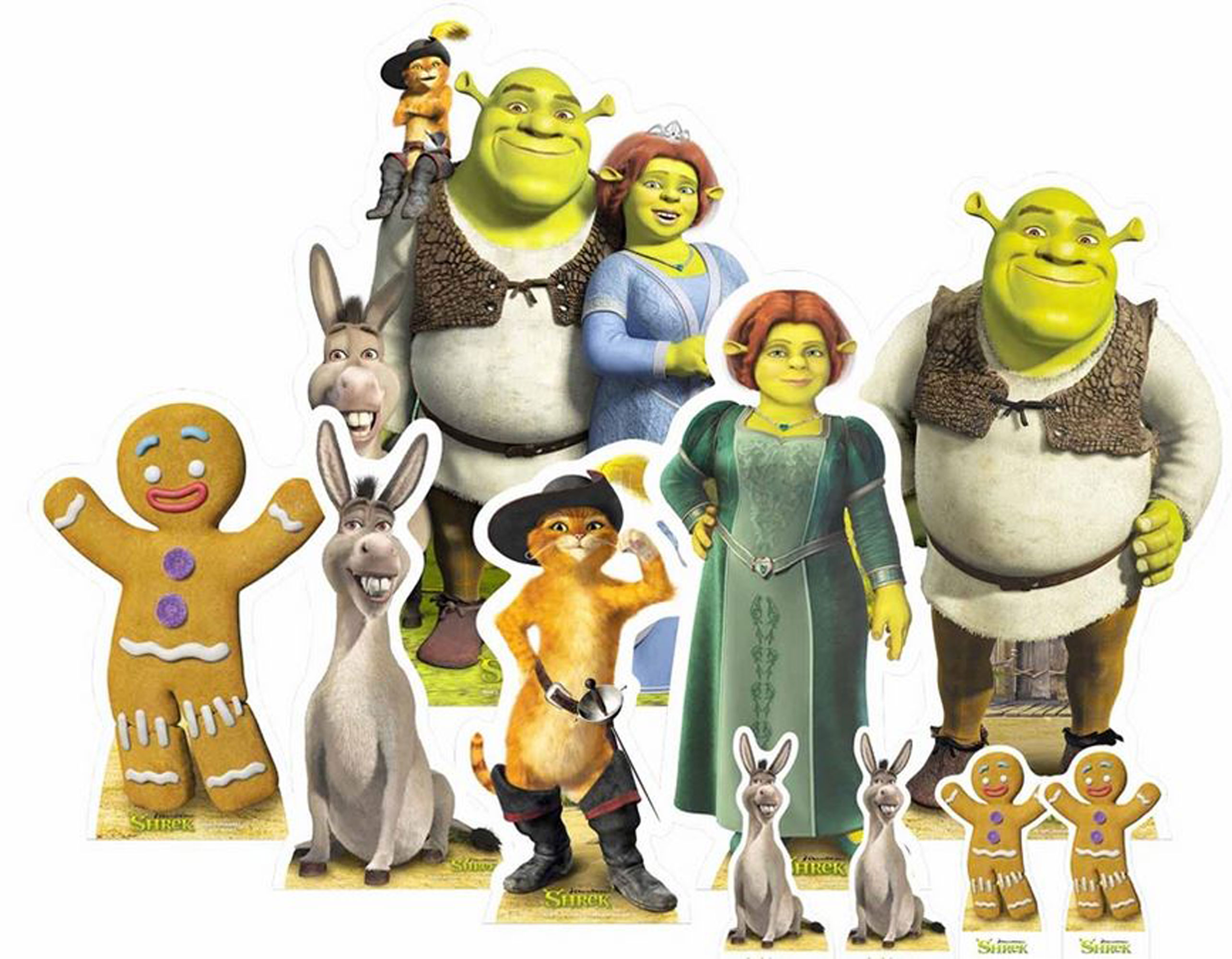 Pappfiguren von Shrek-Charakteren: Shrek, Fiona, Donkey, Kater, und Lebkuchenmann.