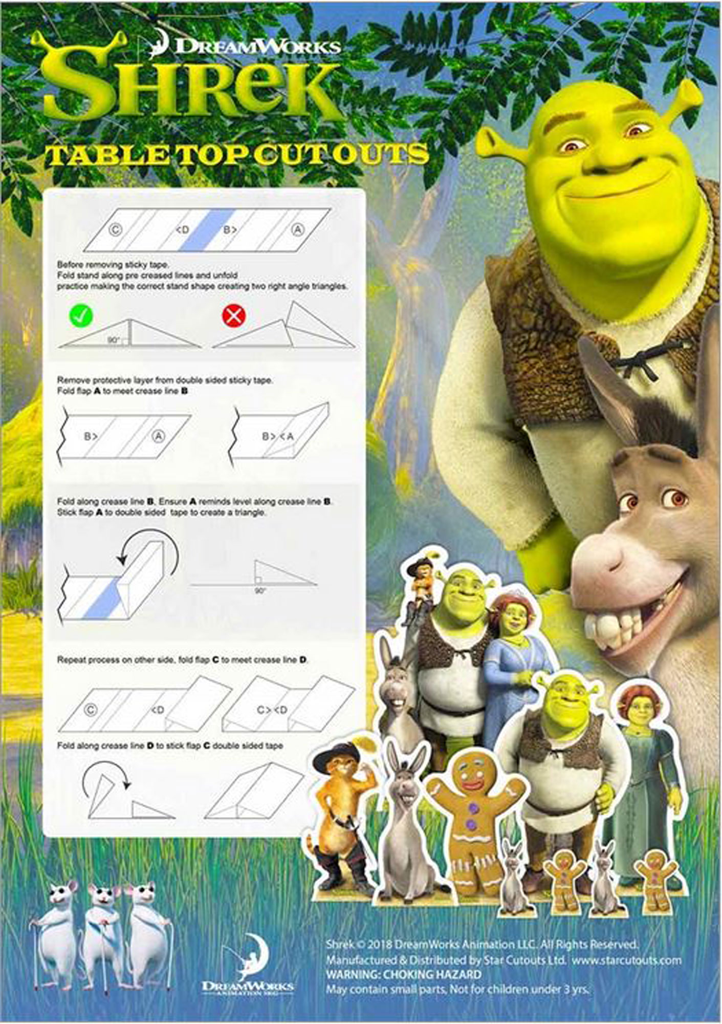 Shrek Tischaufsteller, zeigt Anweisungen mit Figuren von Shrek und anderen Charakteren.