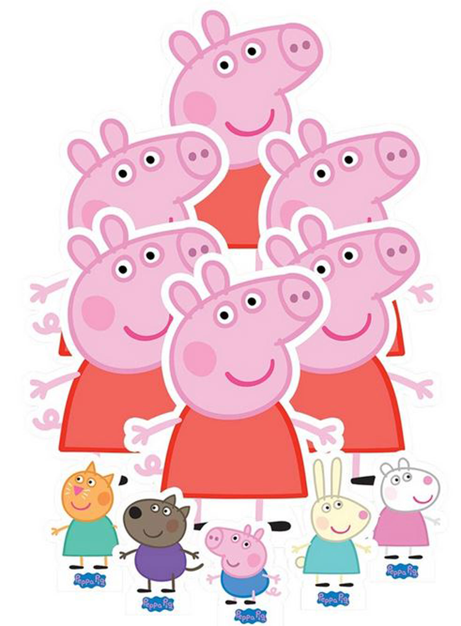 Eine Sammlung von Peppa Wutz und anderen Zeichentrickfiguren, die in einer Gruppe angeordnet sind.