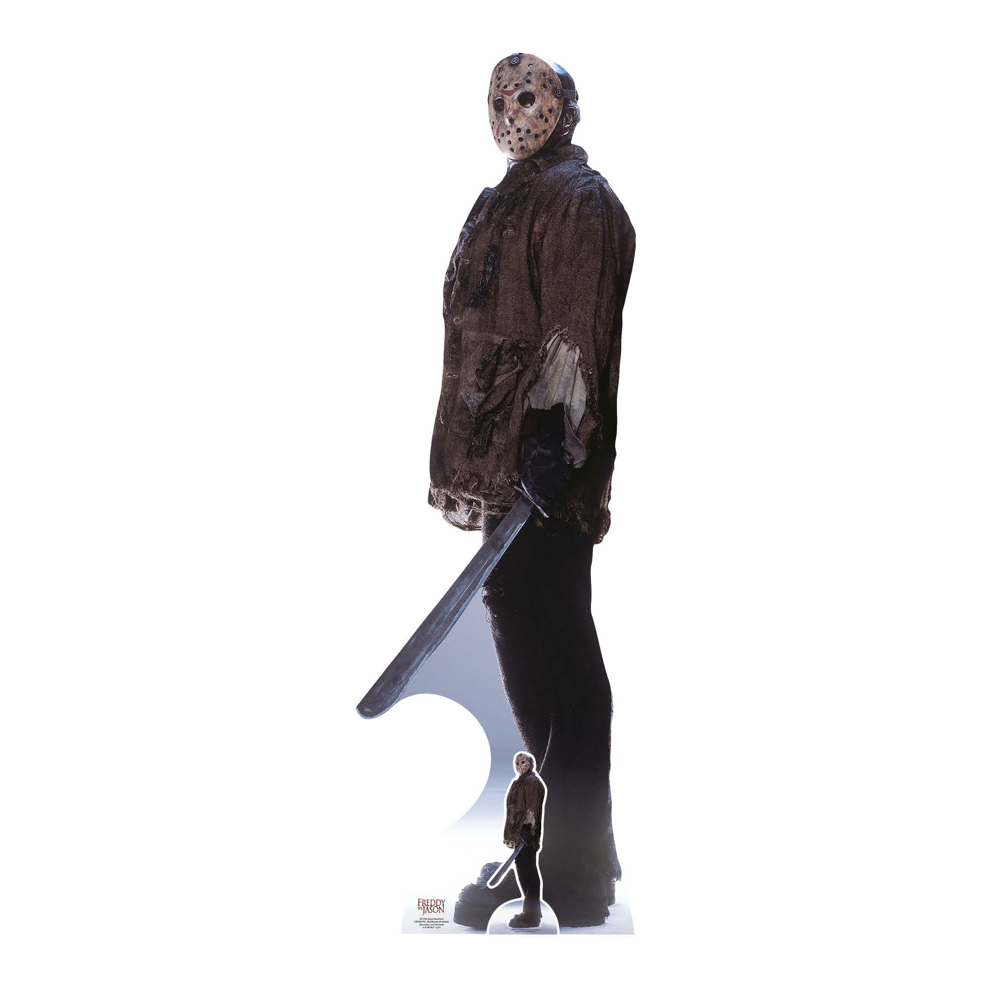 Pappaufsteller von Jason Voorhees mit Machete auf weißem Grund.