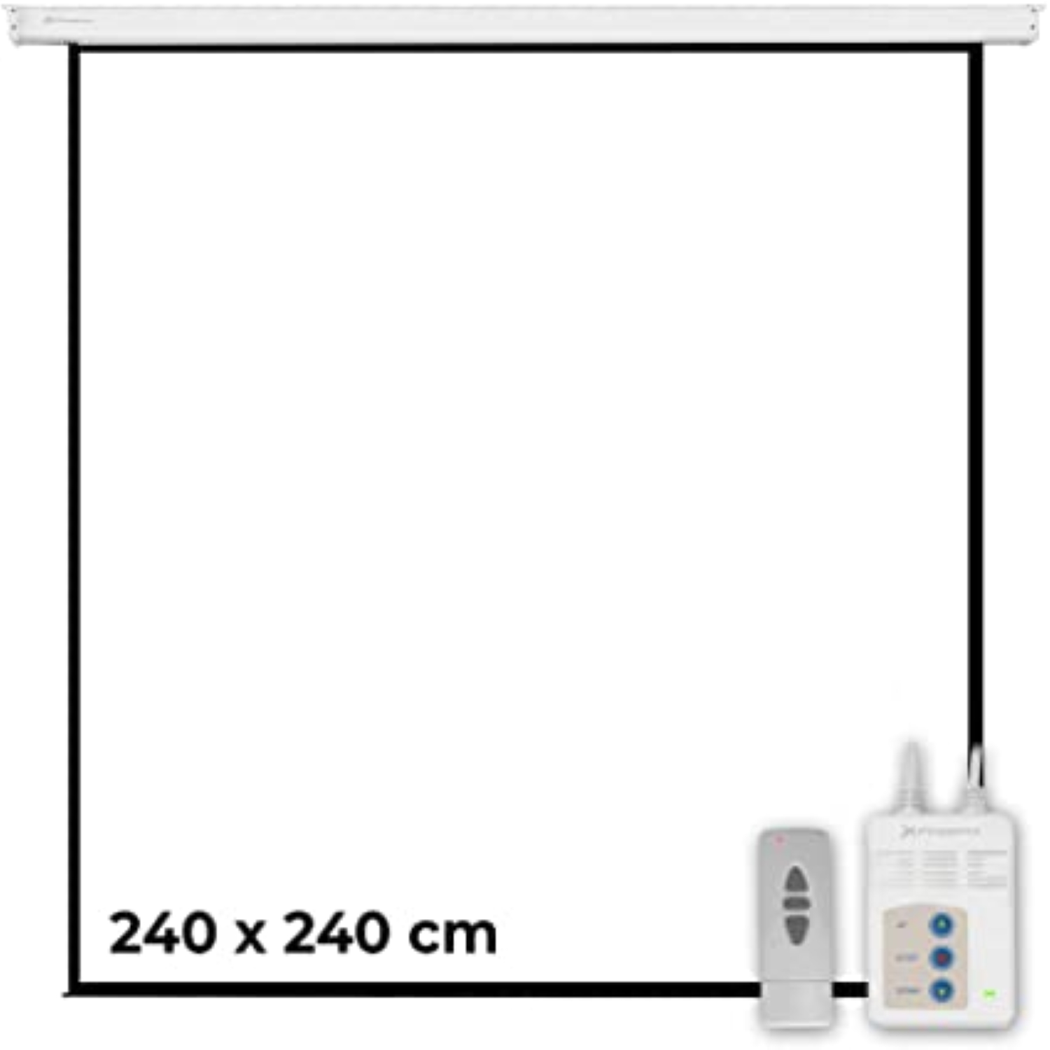 Pantalla de proyección blanca con borde negro. Se ven un mando a distancia y un panel de control.