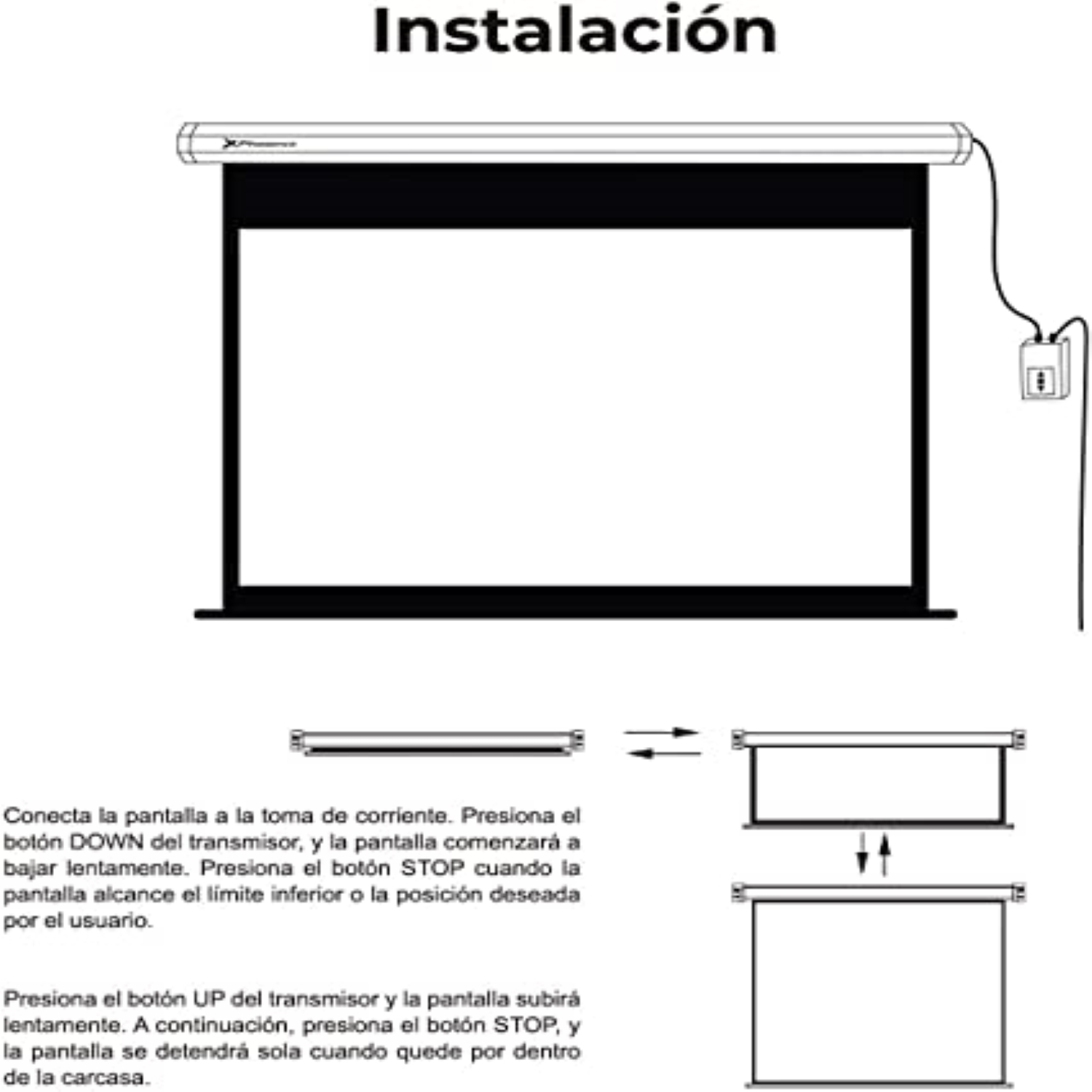 Diagrama de instalación para una pantalla de proyector, mostrando la pantalla, una caja de control y flechas.
