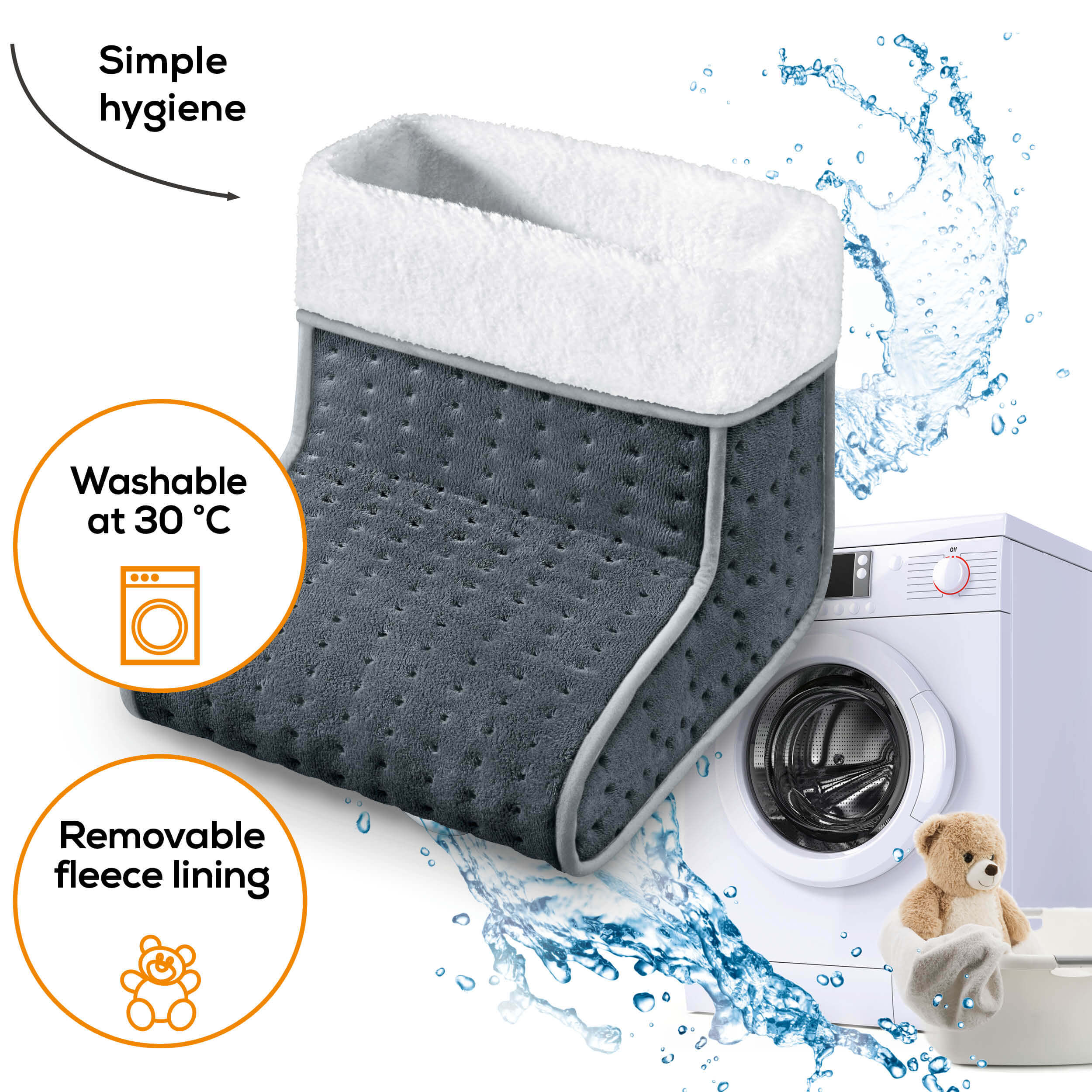 Calientapiés con lavadora, osito de peluche y gotas de agua.