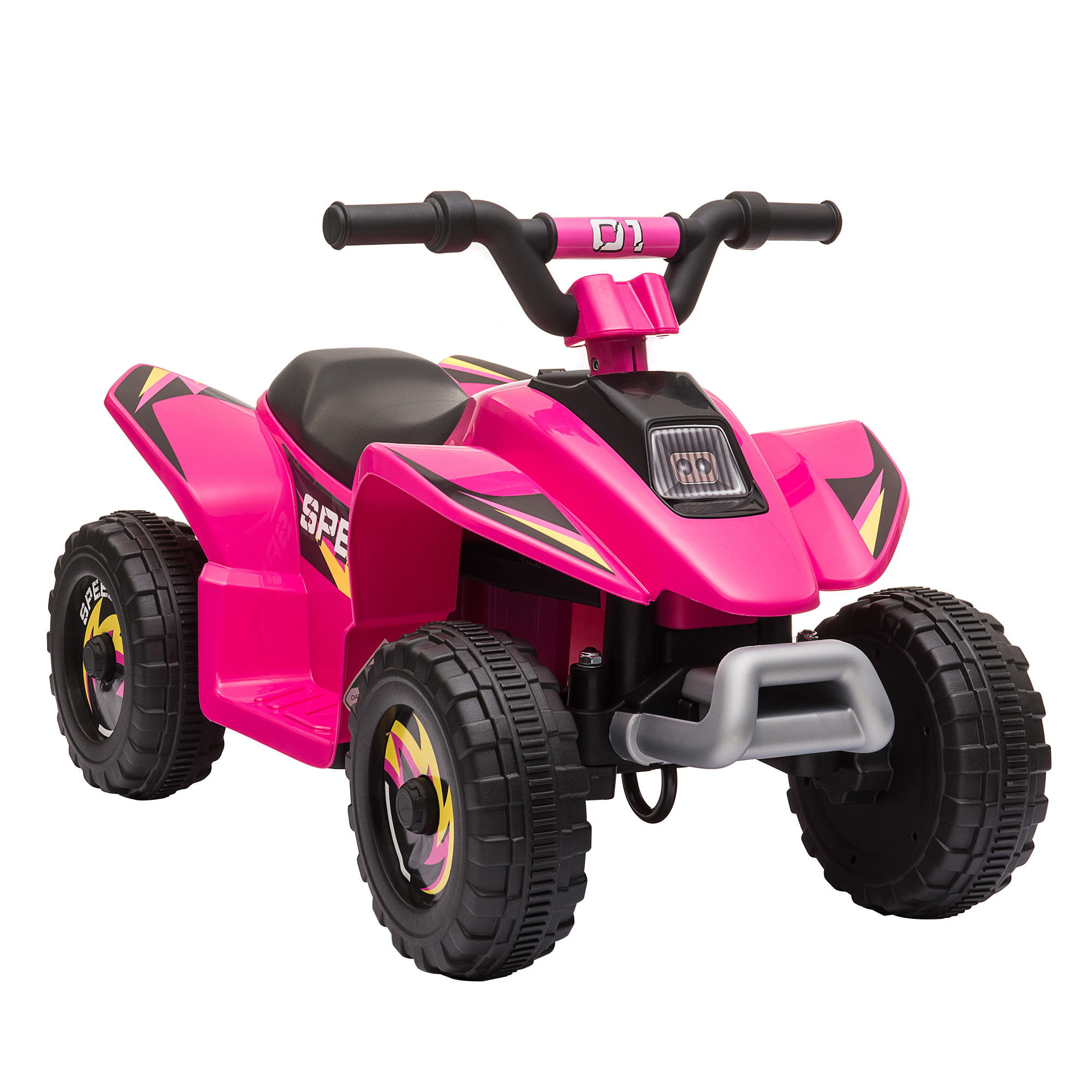Giocattolo ATV rosa con dettagli neri e ruote, su sfondo bianco, fari accesi.