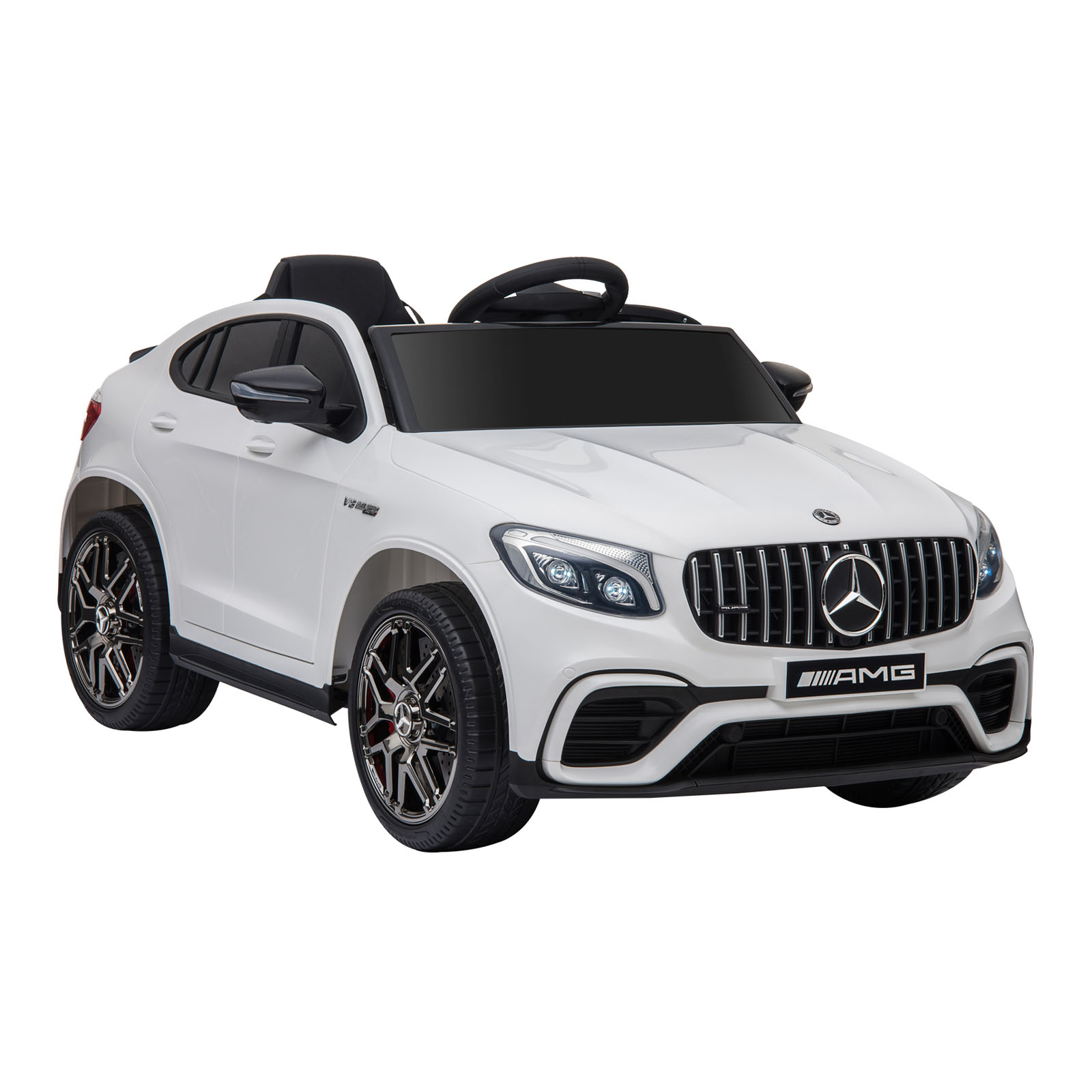 Un'auto giocattolo bianca con il logo AMG sul davanti, angolata su sfondo bianco.