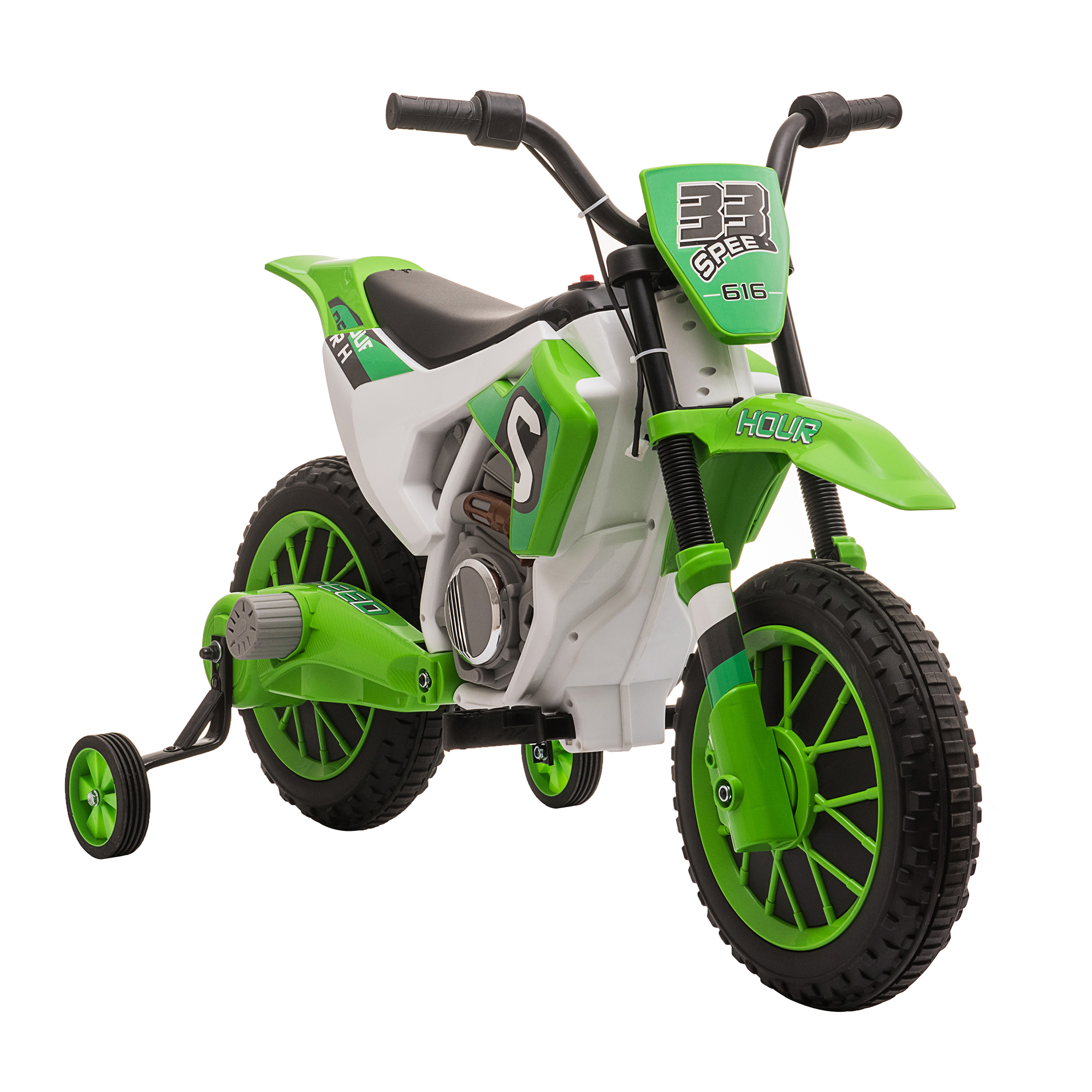 Una moto giocattolo verde e bianca con rotelle.