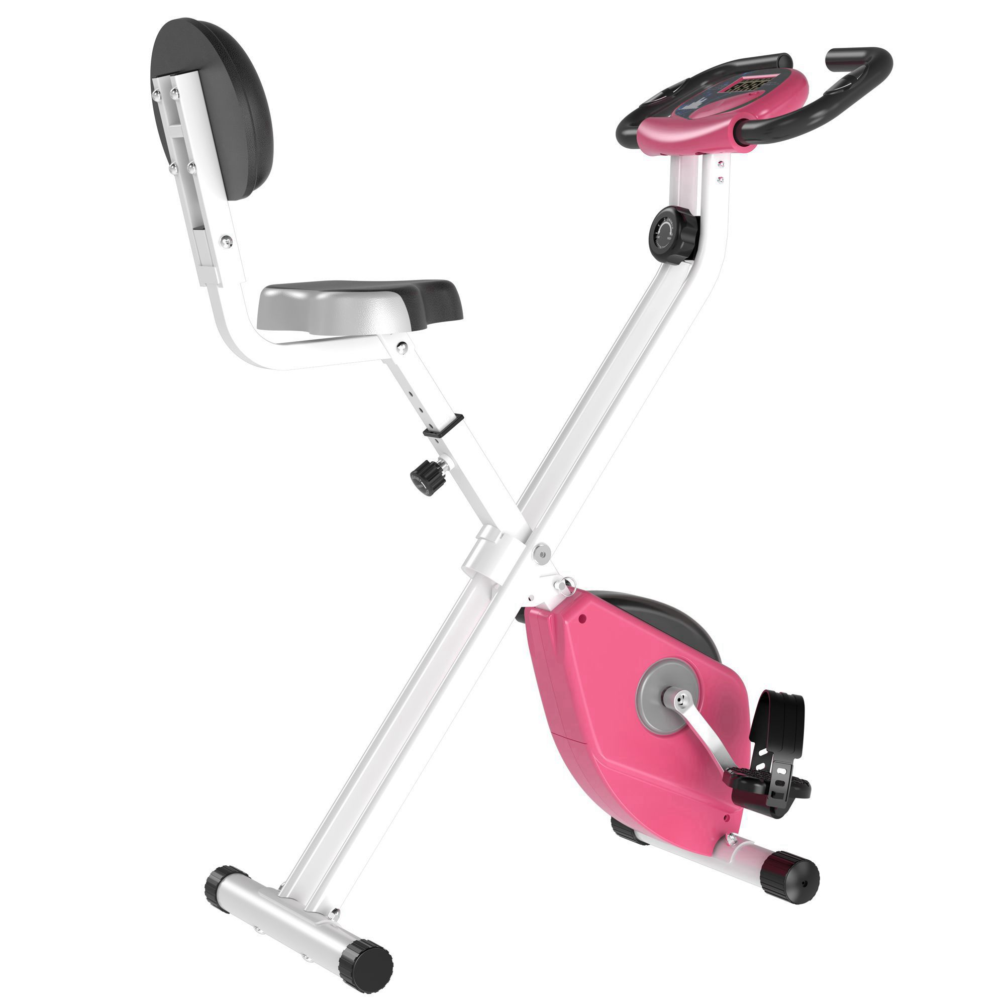 Bicicletta da esercizi rosa, telaio bianco. Sedile, maniglie e pedali neri. Sfondo bianco.