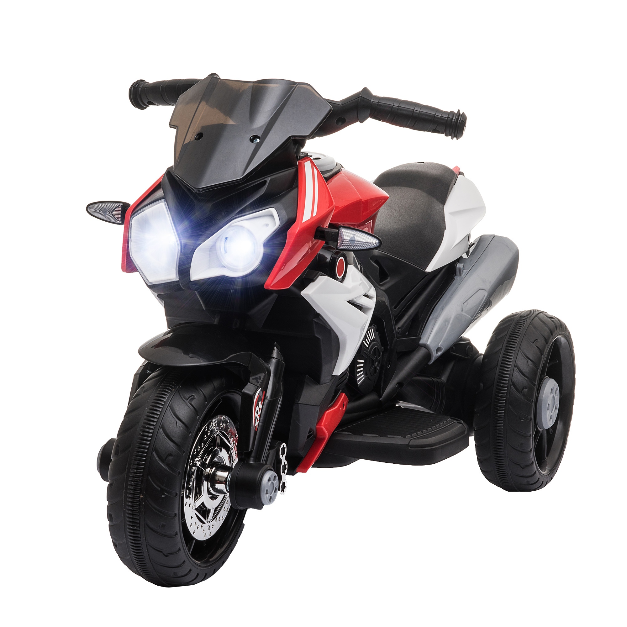 Una moto giocattolo rossa, nera e bianca con i fari accesi, su sfondo bianco.