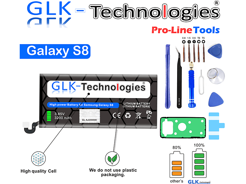 GLK-TECHNOLOGIES Akku für Samsung Galaxy S8 SM-G950F EB-BG950BBE Battery | Accu | 3200 mAh | inklusive Werkzeugset Lithium-Ionen-Akku Smartphone Ersatz Akku