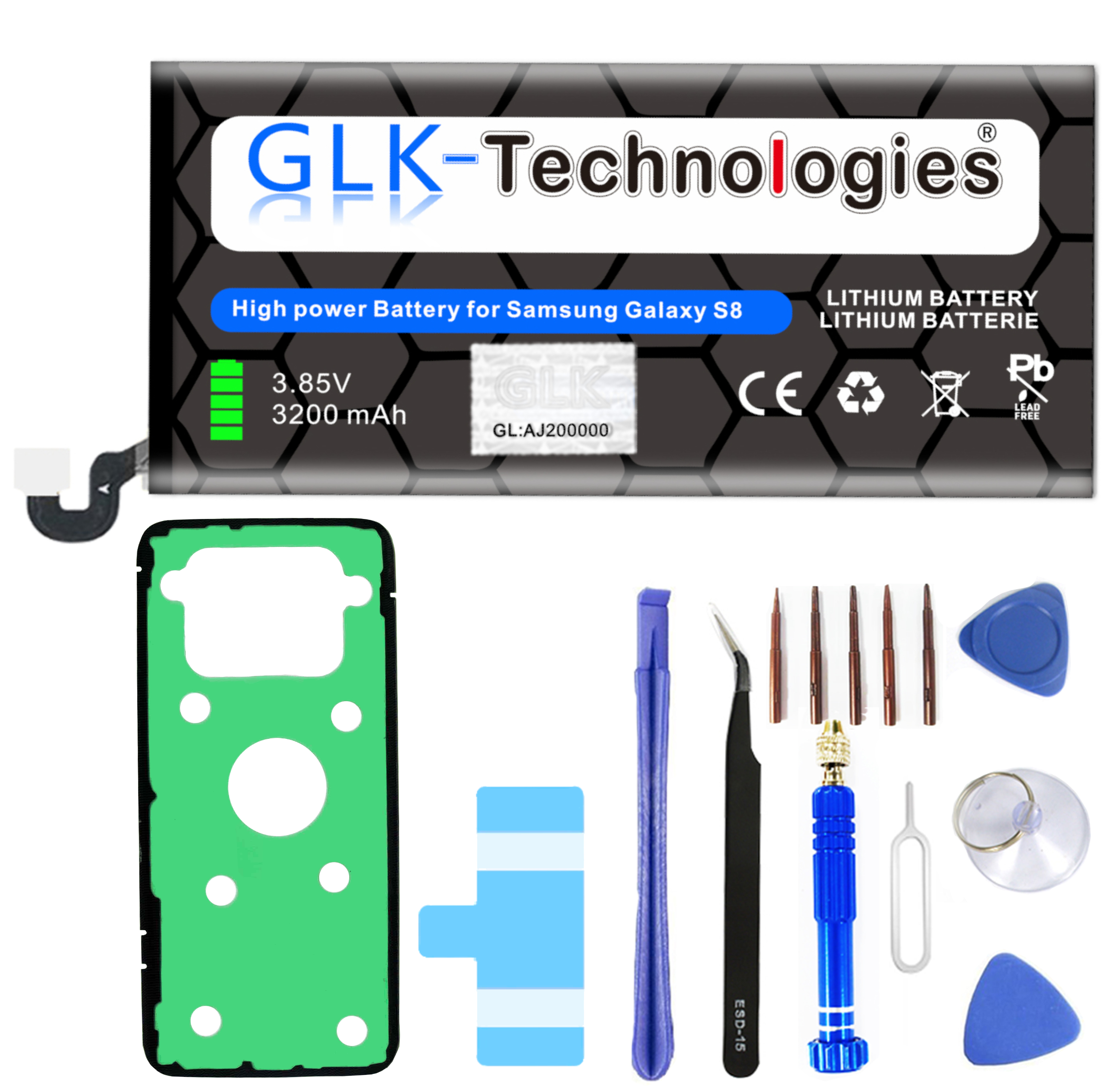 Smartphone S8 Akku Accu 3200 | Samsung Ersatz GLK-TECHNOLOGIES inklusive Battery Werkzeugset Lithium-Ionen-Akku | Galaxy EB-BG950BBE mAh | für Akku SM-G950F