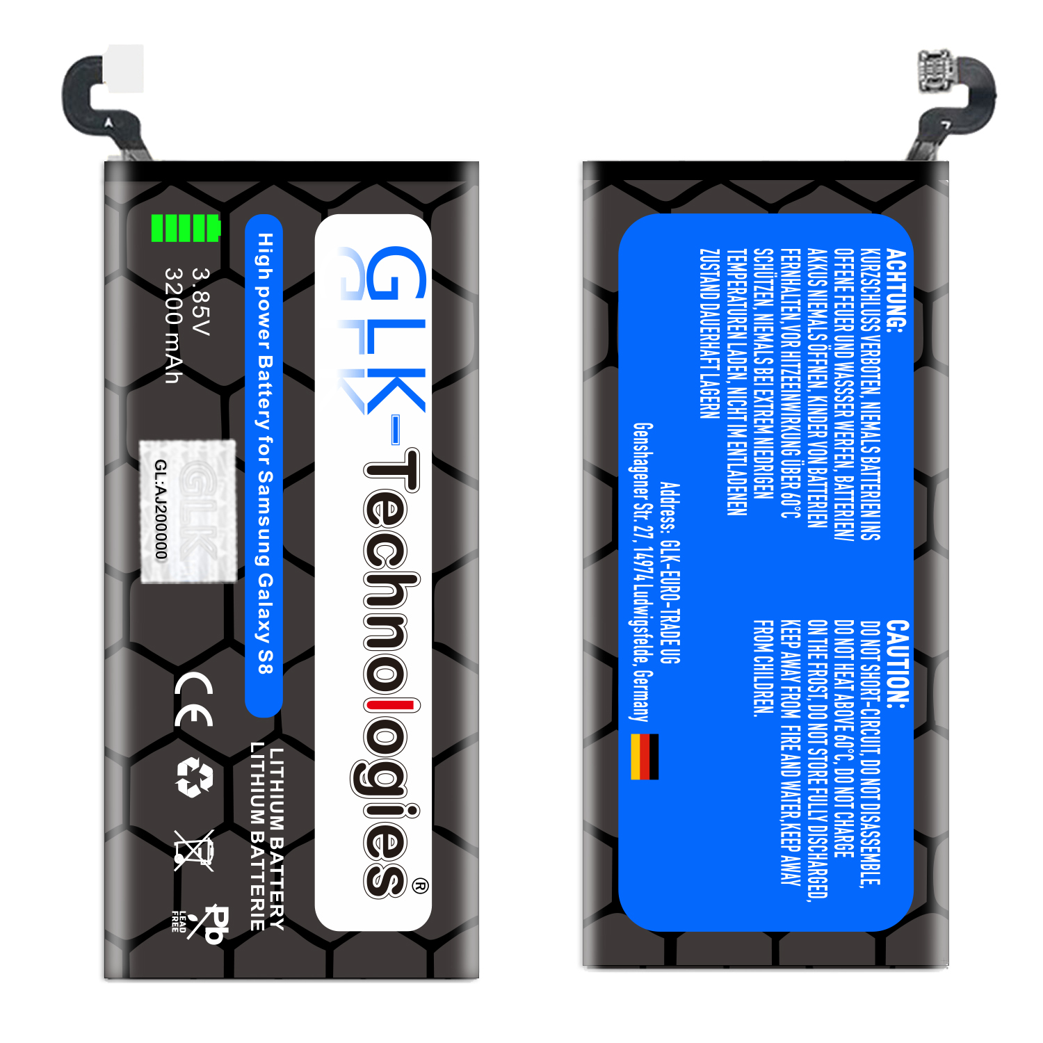Akkupack für ein Samsung Galaxy S8, mit Warnhinweisen.