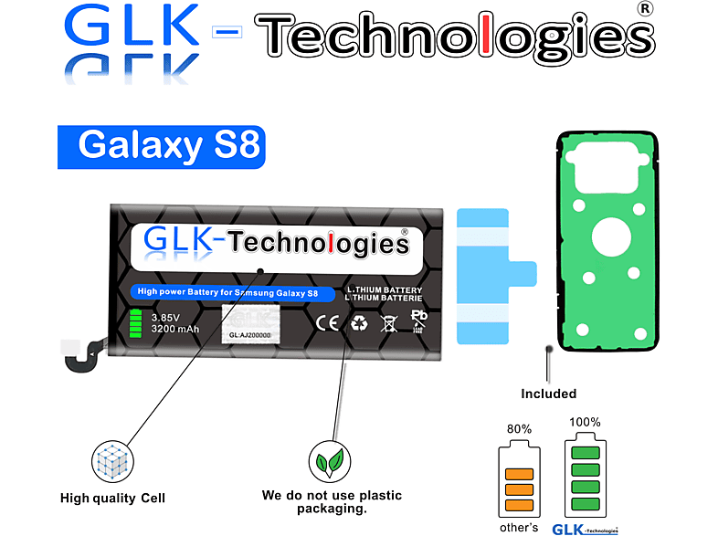 GLK-TECHNOLOGIES High Power Ersatz Akku kompatibel für Samsung Galaxy S8 SM-G950F EB-BG950BBE | 3200 mAh GLK-S8 Smartphone Akku, Li-Ion, 3.85 Volt, 3200 mAh