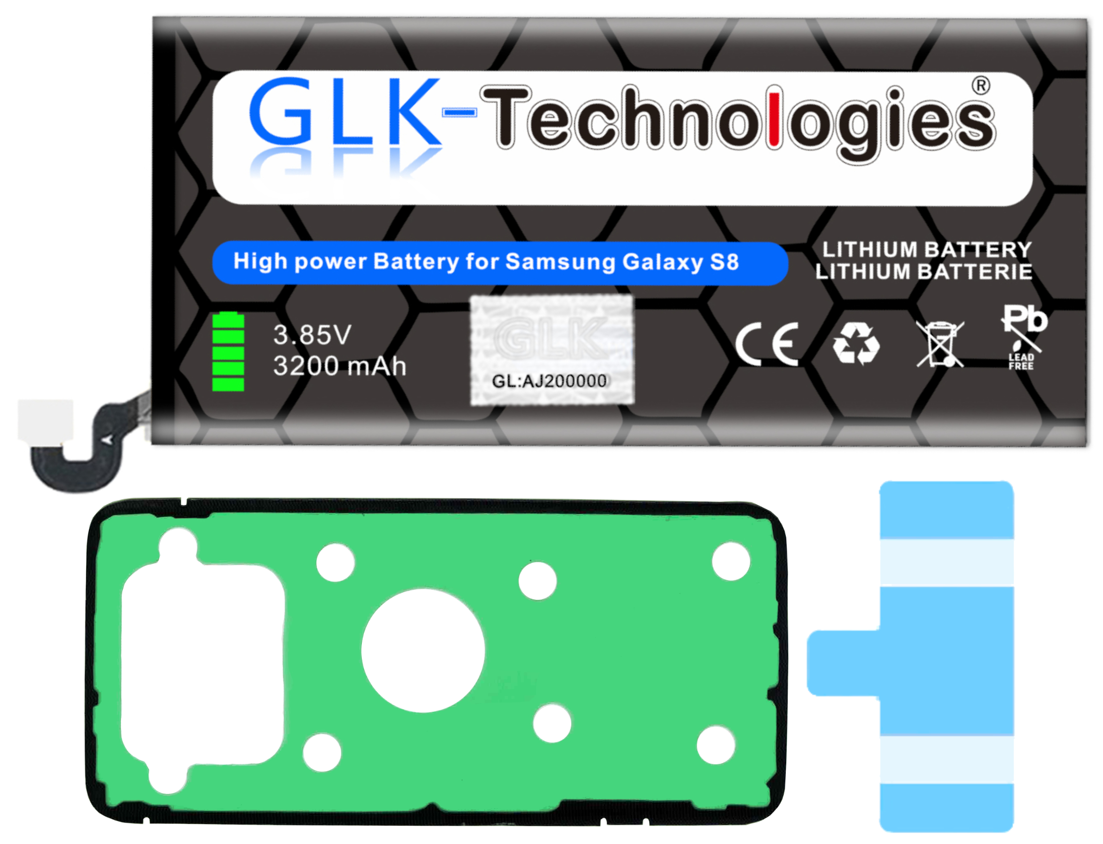 Samsung Galaxy S8 Akku mit Schutzaufkleber. Schwarz-grünes Farbschema.
