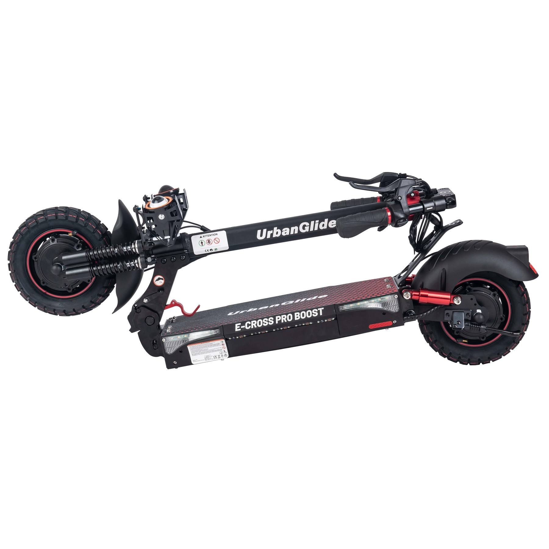 Patinete eléctrico UrbanGlide negro y rojo. El patinete está plegado y sobre una superficie blanca.