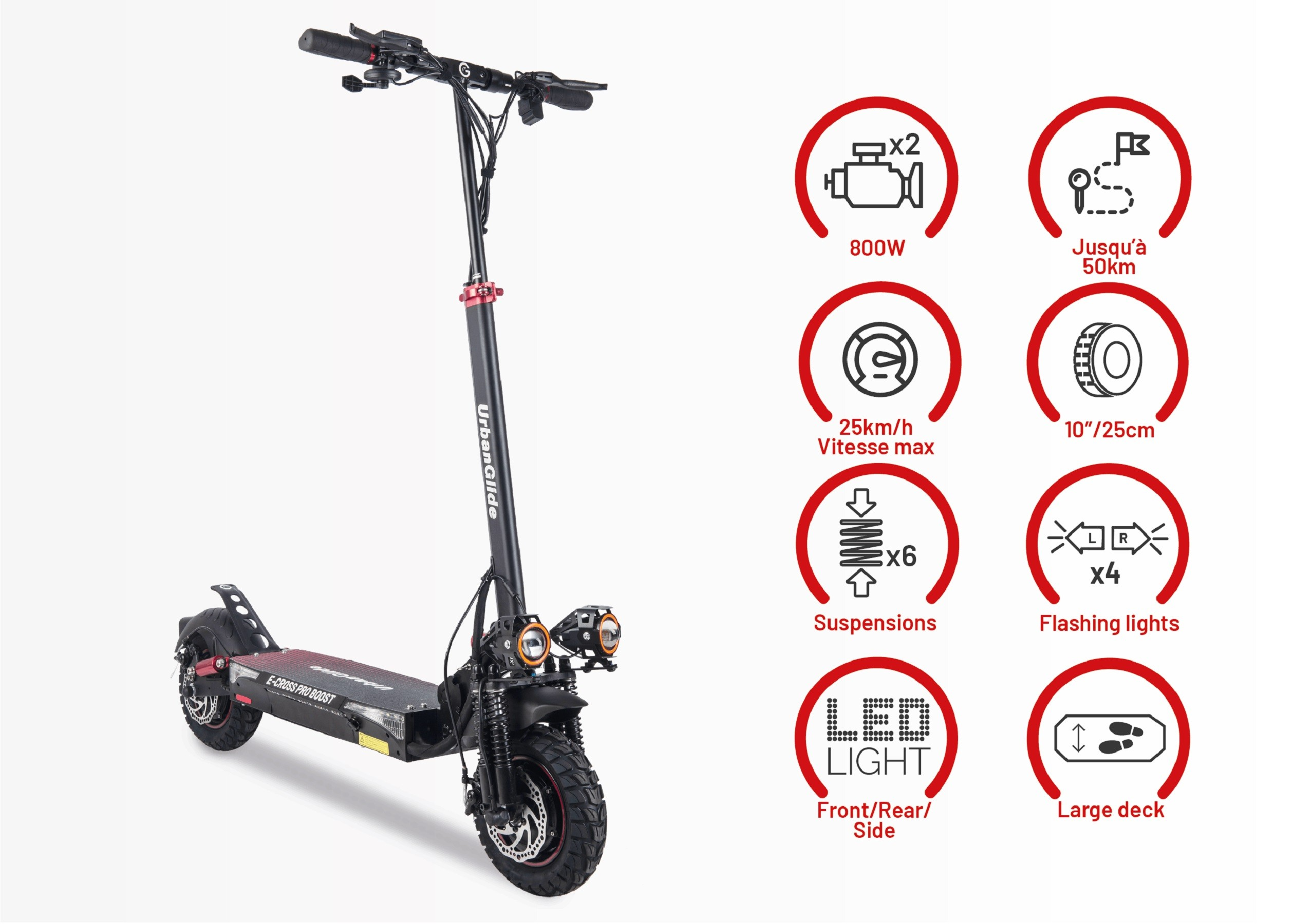 Scooter eléctrico negro y rojo con iconos de especificaciones, mostrando potencia, velocidad y otras características.