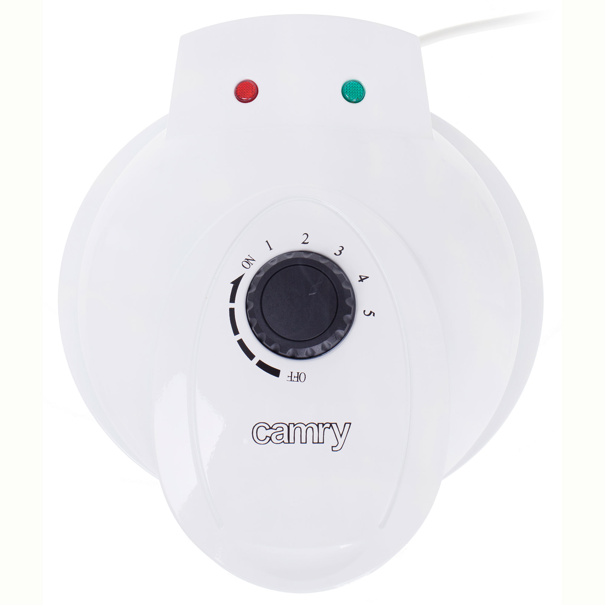 Wafflera blanca con dial de 0-5 y dos luces indicadoras. La marca es CAMRY.