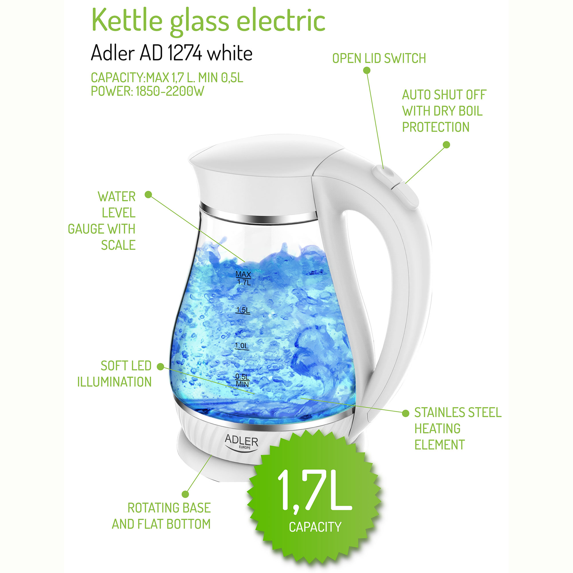 Szklany czajnik elektryczny z białymi detalami. Posiada miarki, uchwyt i etykiety tekstowe, z niebieską wodą w środku.