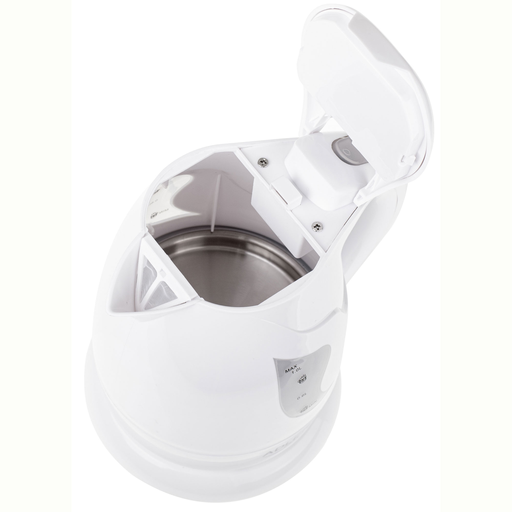 Biały czajnik elektryczny, otwarty, pokazujący wnętrze, z białym tłem.