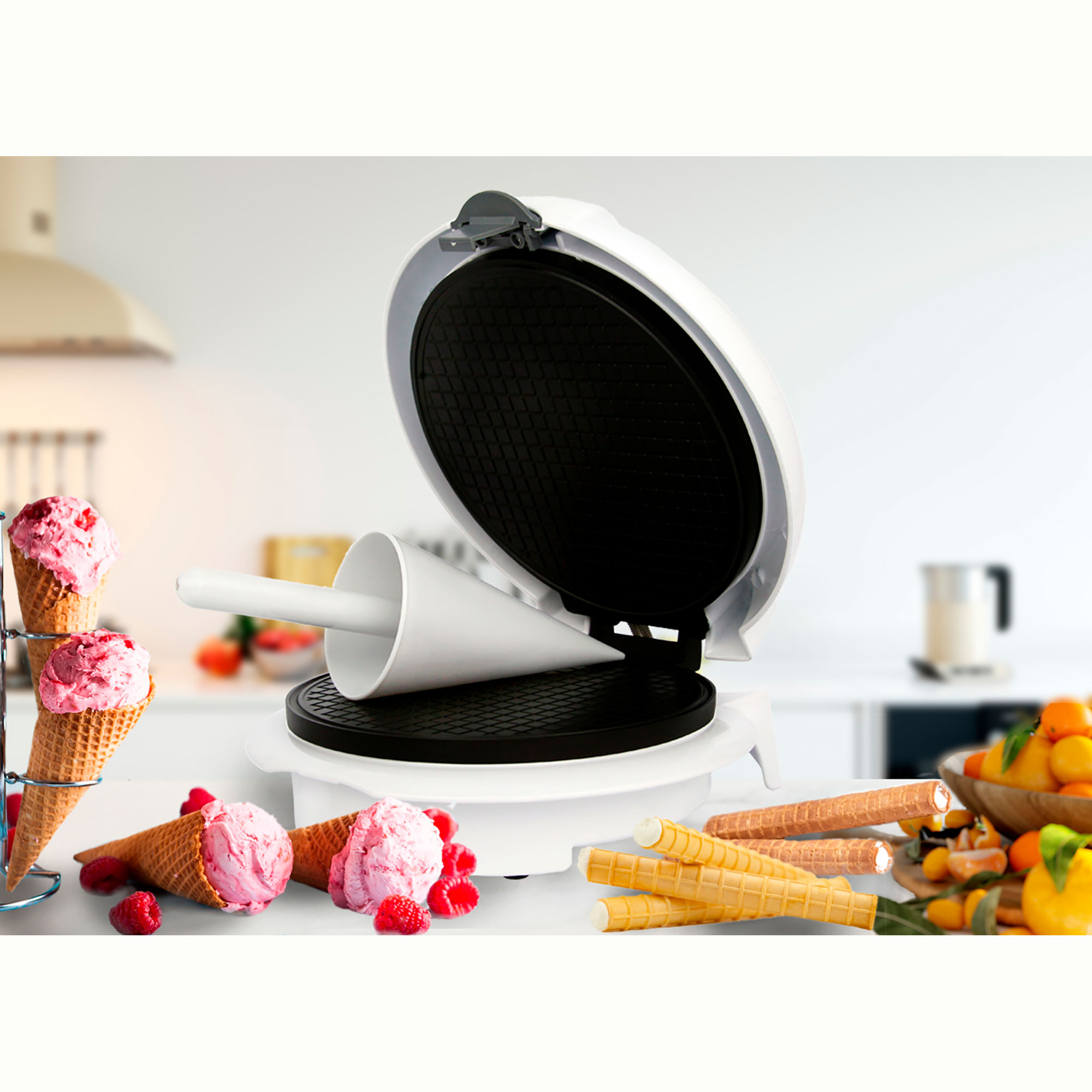 A waffle maker with waffles and cones. Several cones and waffles are in the scene. The background is white.
