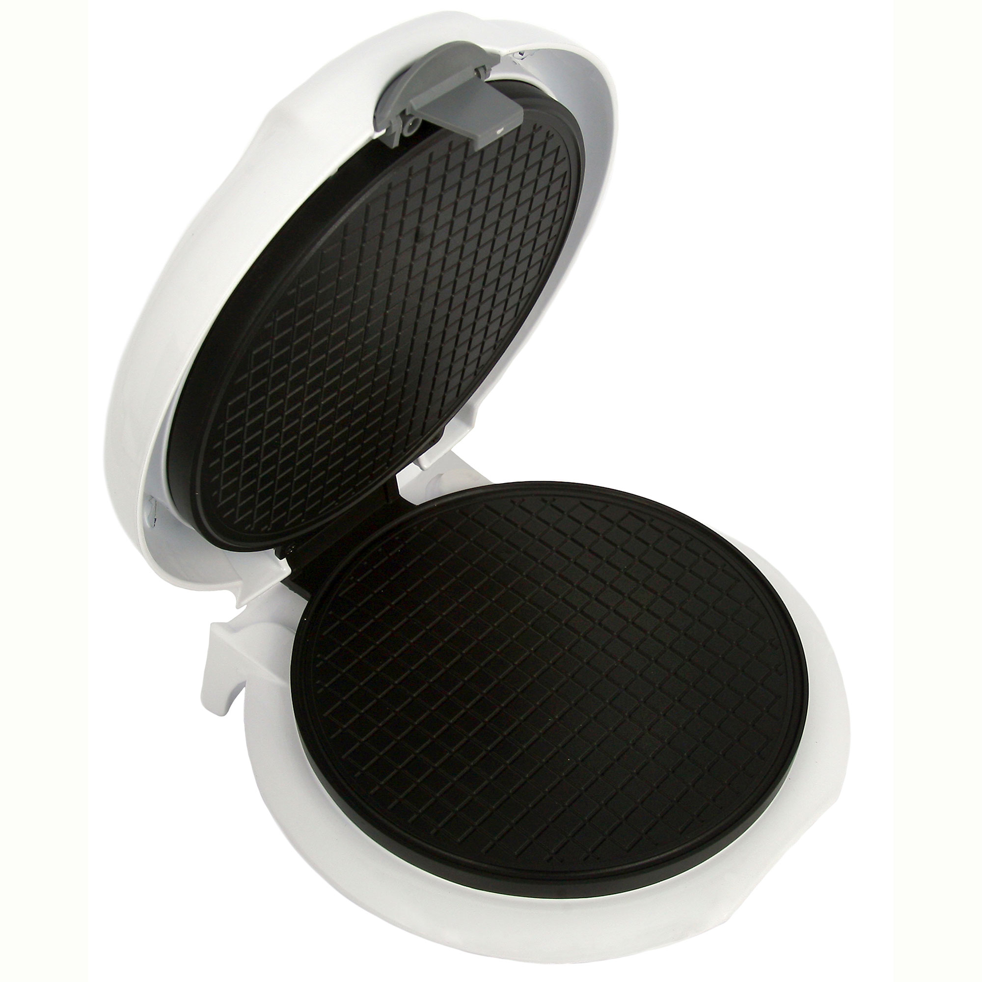 White waffle maker, open. Inside, a black, patterned surface is visible.