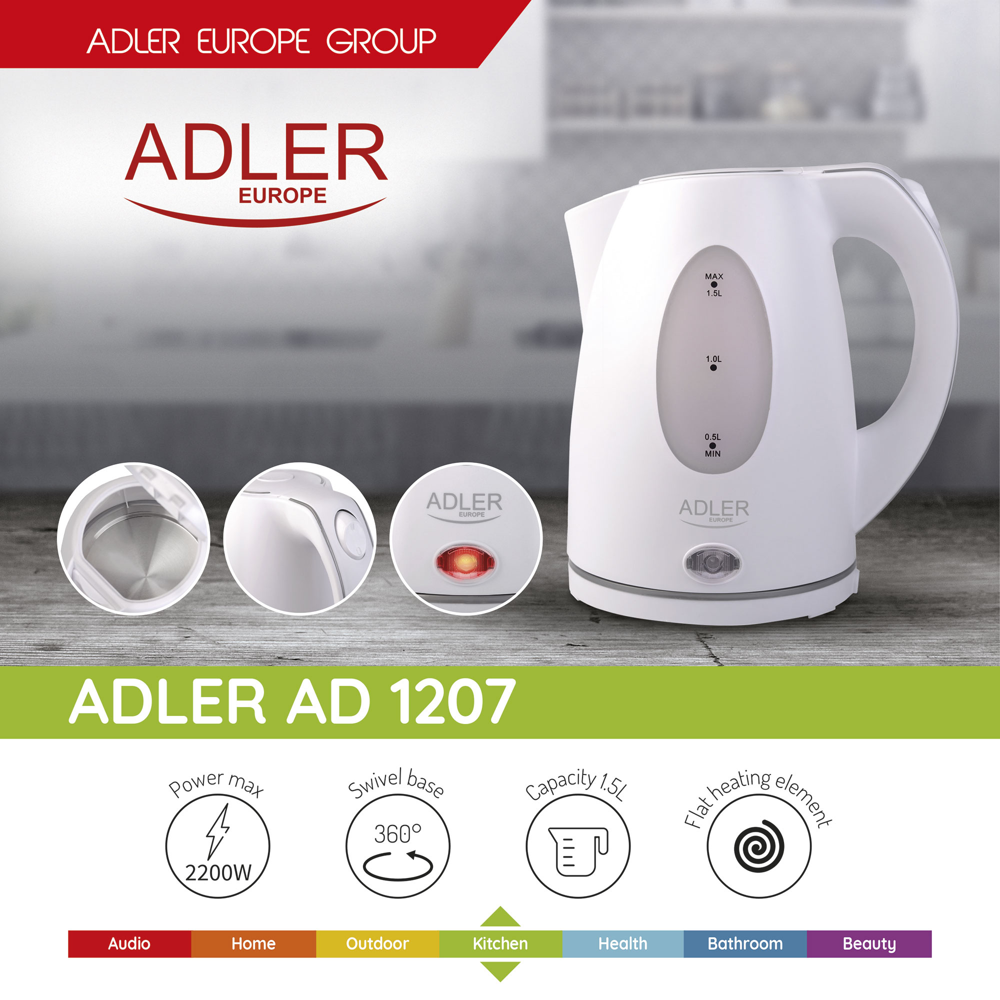 Hervidor eléctrico blanco con detalles del modelo "ADLER AD 1207" e iconos.