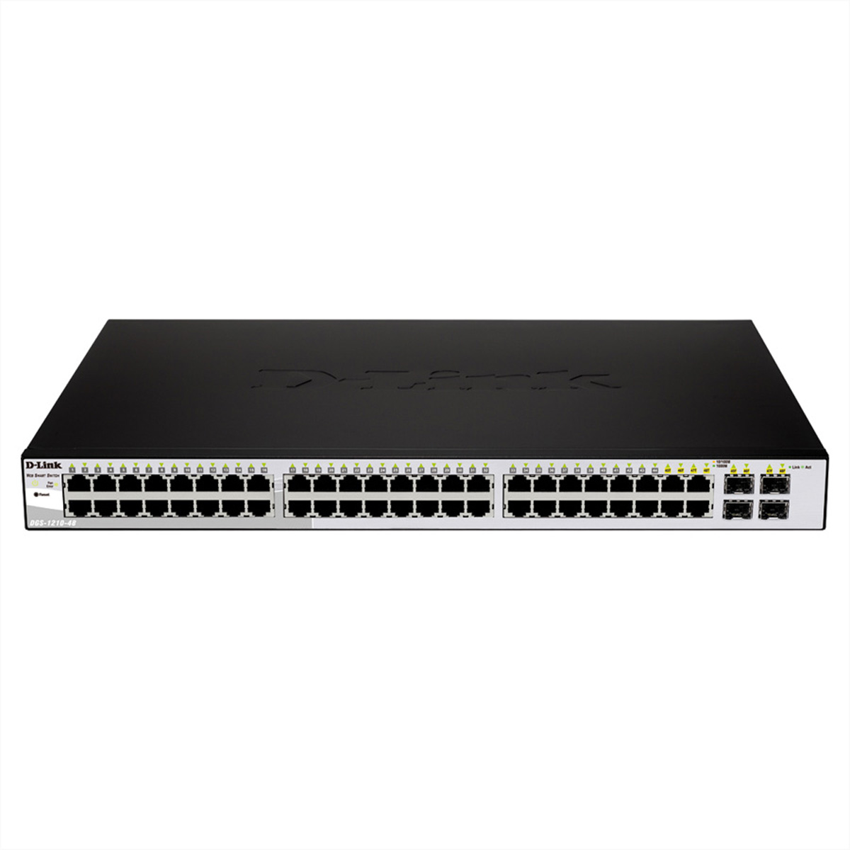 Switch di rete nero con porte e logo D-Link.