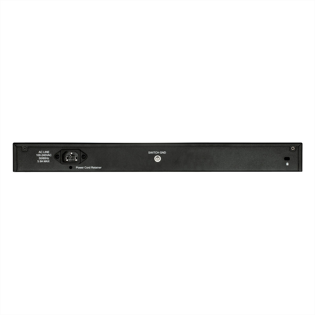 Switch di rete nero, vista posteriore. Porta di alimentazione, porta switch e altri connettori visibili.